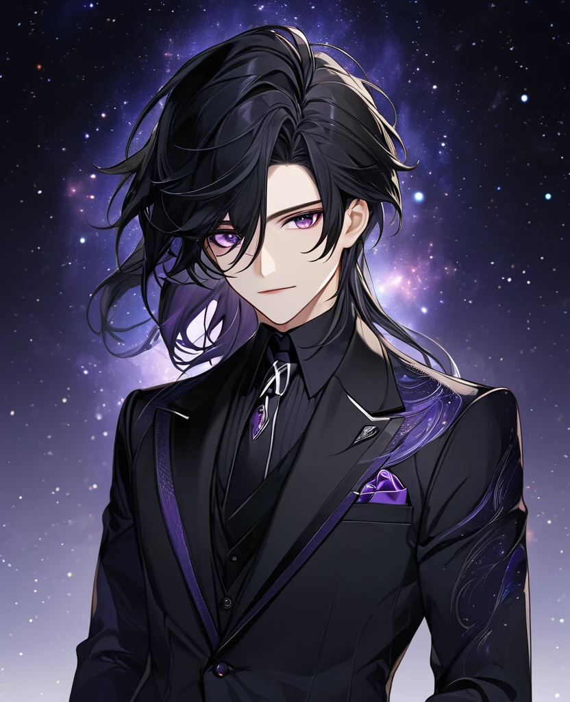 (black_hair), (dark_purple_eyes), (detailed_eyes), (attractive), (emotionless), (Deep_space_background), (male), (wearing _a_black_suit), (long_male_hair), (detailed_Hair), (detailed), (detailed_mouth), 