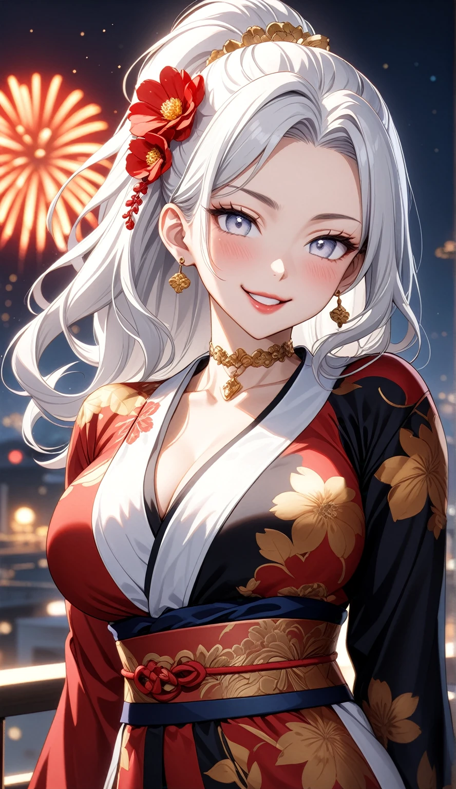 ((One personの女性)), Beautiful Face, (Laughing embarrassedly), (laugh:1.2),((Wink:1.9)), (head tilt:1.3), Laugh with your mouth wide open, upper teeth, ((Bright red cheeks:1.4)),Glossy Red Lips,rooftop, firework, Glossy red lips, Shining Face, ((Anime style background)),masterpiece, Highest quality, so beautiful,up to date, Complex details, (Pink long nails),(ring),(bracelet),(Floral choker),AI-generated, Complex,High resolution, Highest quality, super high quality,3D Images、3D Images,One person,Long white hair,High Ponytail, Anime woman posing for a photo,(blue eyes), ((Fine grain、Silvery white colorful eyes、Shining Eyes:1.4)), (Squint your eyes:1.1),a hyperRealistic , hyperRealistic , Realistic,Anime woman with long white hair, Smooth anime CG art, A woman in a colorful kimono with gold embroidery, (Black long sleeve kimono),Red floral pattern,Long flower hair ornament,Earrings, Body,(Big BrTall,Abdominal muscles,Tight waist,(Zoom up to face:1.4), (front view),