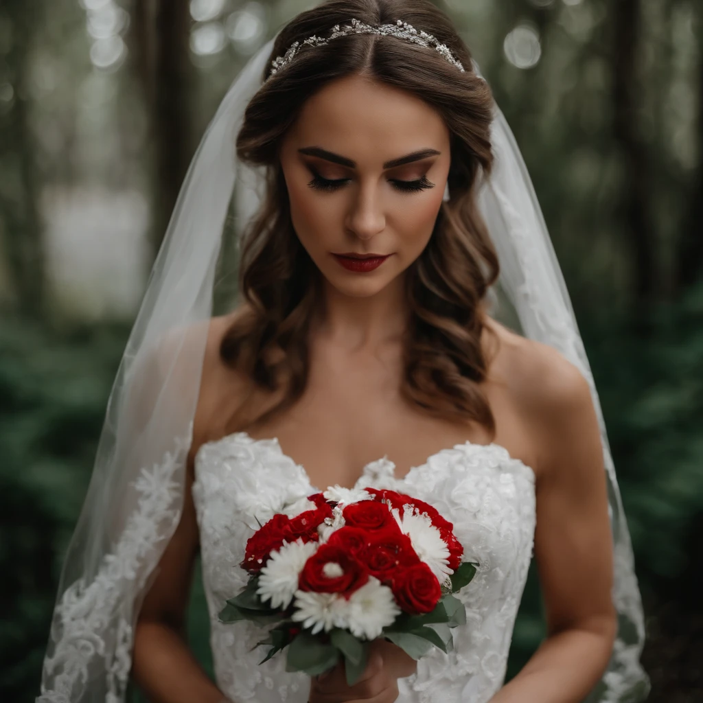 una chica wedding dress de ojos verdes, light brown hair, wedding dress, In Susanos he held a white flower with red paint dripping between his hands.