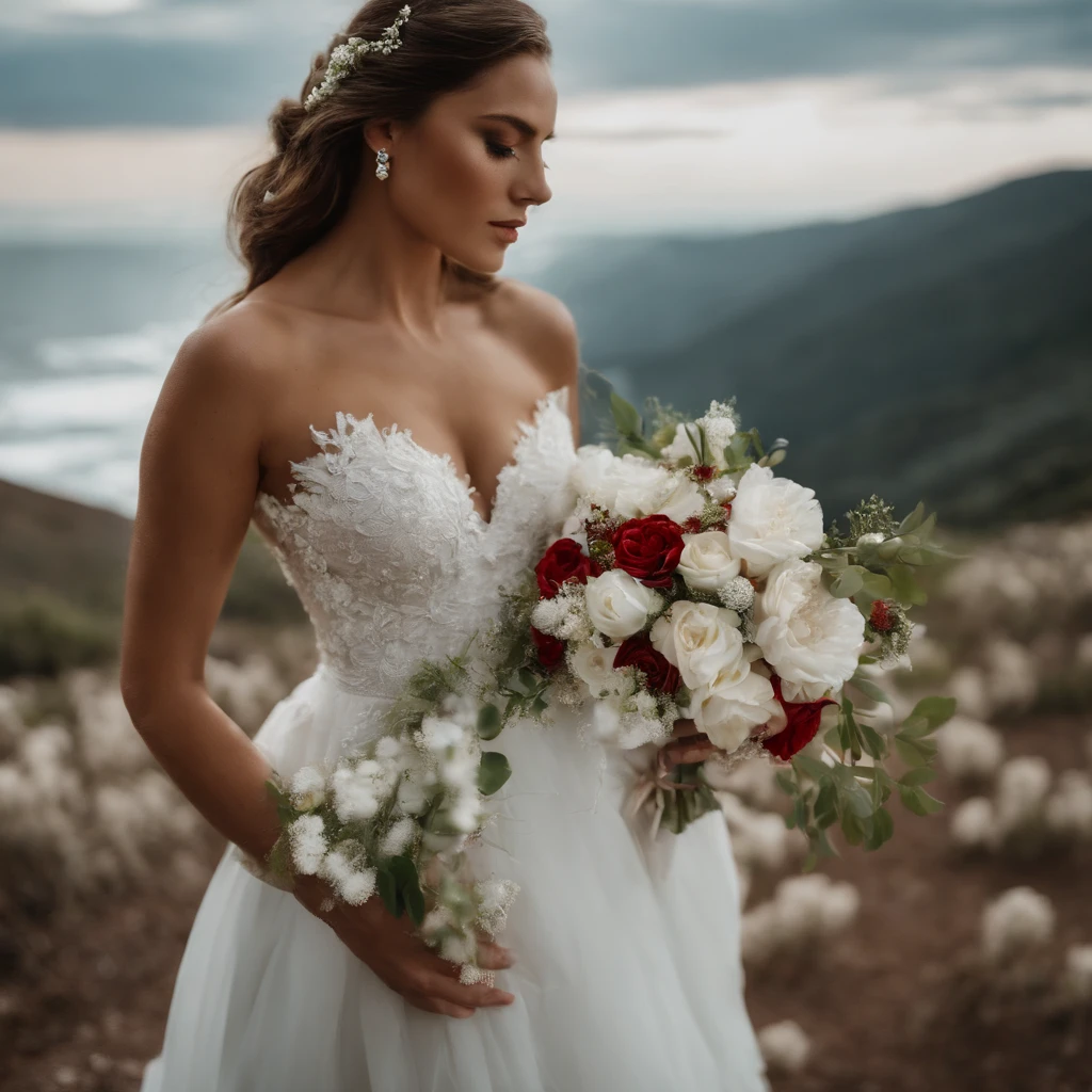 una chica wedding dress de ojos verdes, light brown hair, wedding dress, In Susanos he held a white flower with red paint dripping between his hands.