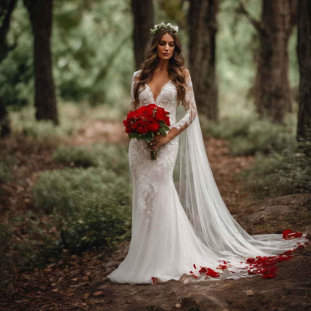 una chica wedding dress de ojos verdes, light brown hair, wedding dress, In Susanos he held a white flower with red paint dripping between his hands. 
