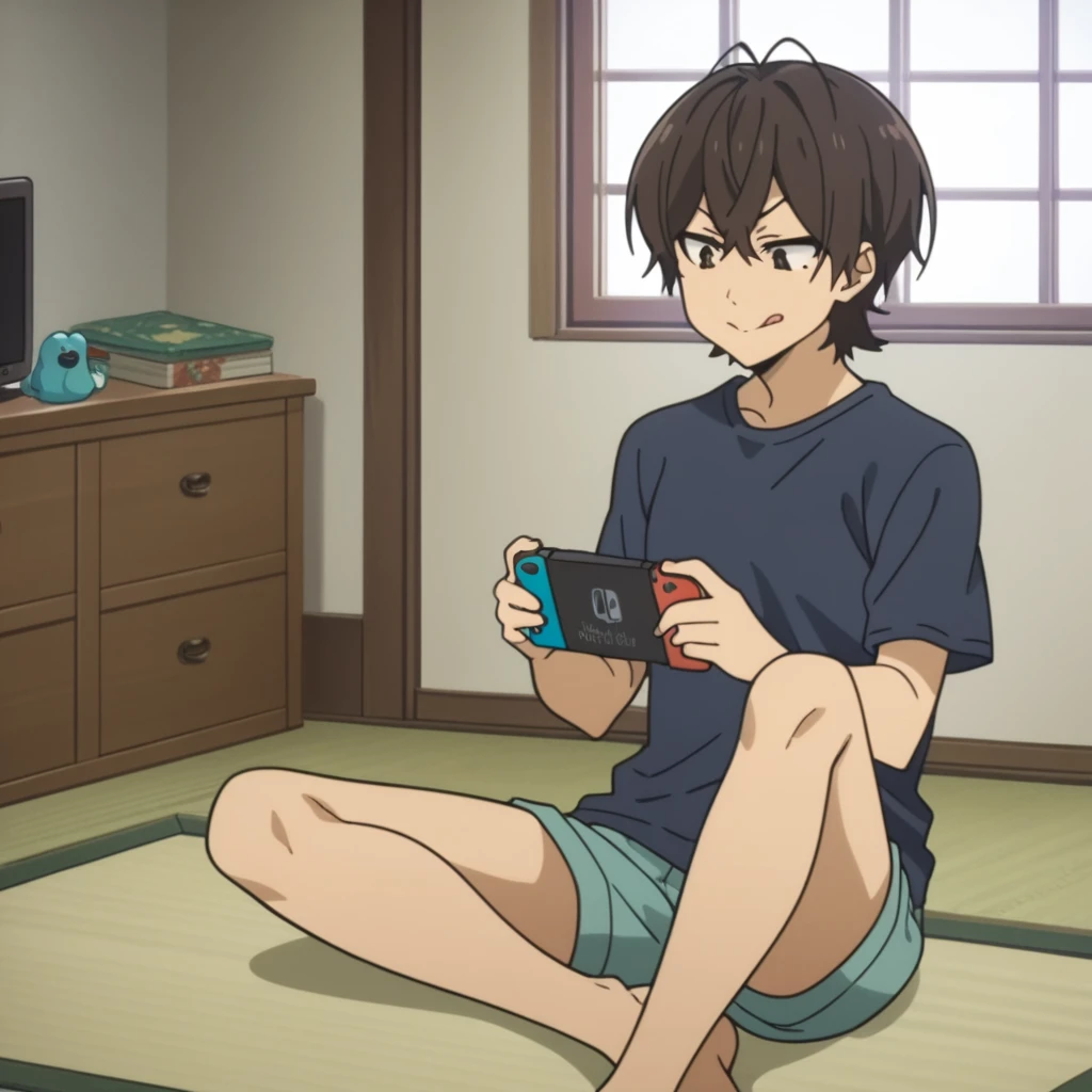 score_8_up, score_7_up, score_6_up, source anime, anime screencap, miwa, shirt, shorts, sitting, legs spread, knees bent, tatami mat, indoors, living room, holding nintendo switch, looking at nintendo switch, concentrating, closed mouth, tongue out, tongue,