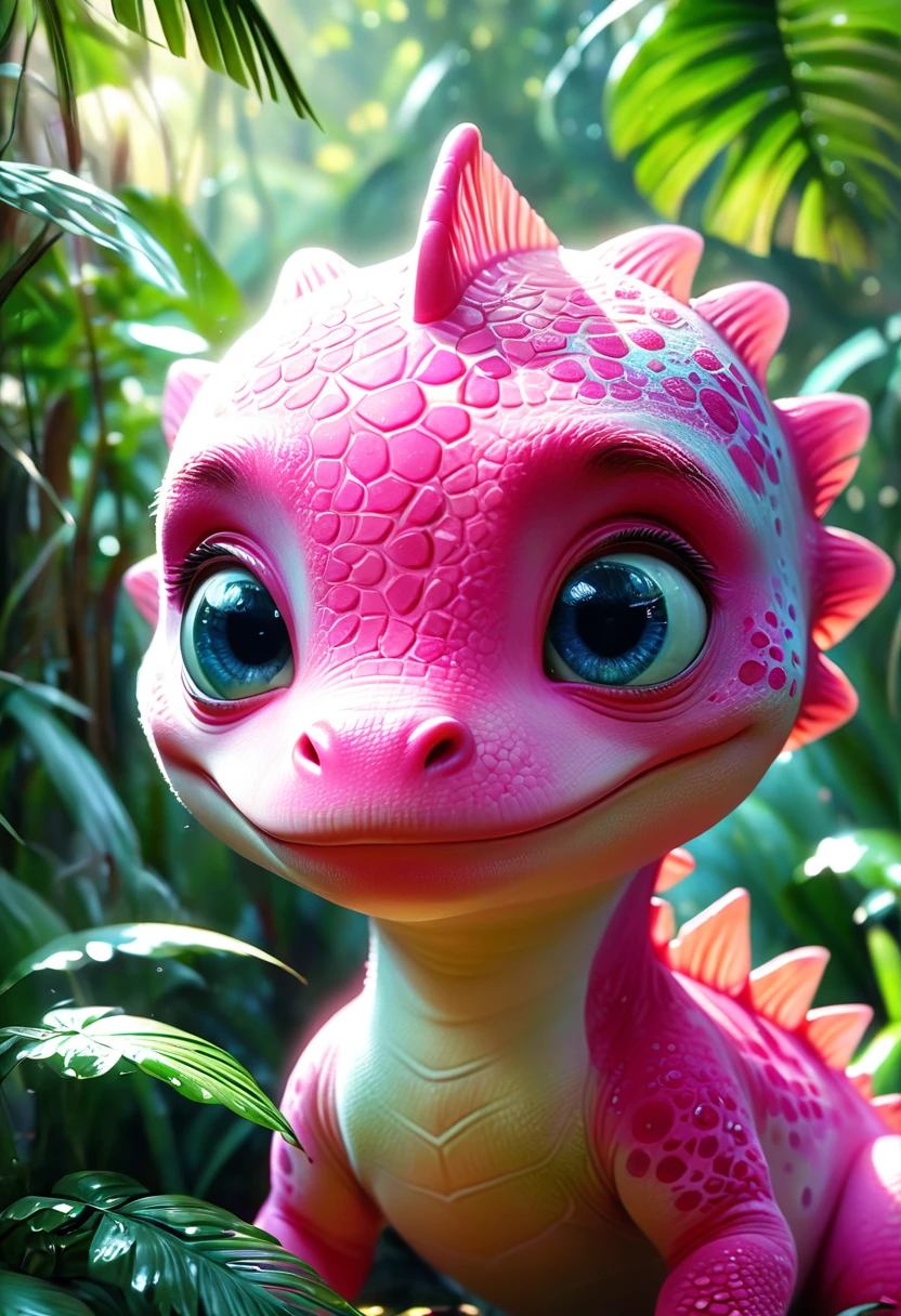(stupid,Stay,Curious pink baby dinosaur,Strange World), Beautiful and delicate eyes, Long eyelashes,Beautiful and delicate face, Extremely detailed eyes and face, Cute expression, Dense jungle background, Dreamy, Fantastic, watercolor, number, (best quality,4K,8K,high resolution,masterpiece:1.2),Extremely detailed,(Practical,photoPractical,photo-Practical:1.37),Vibrant colors,Soft lighting