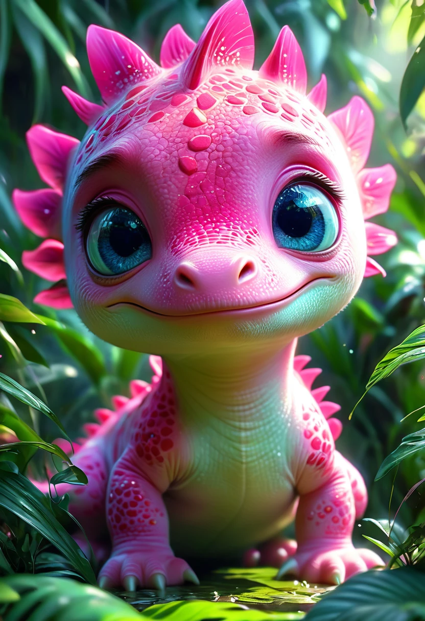 (stupid，Stay，Curious pink baby dinosaur，Strange World), Beautiful and delicate eyes, Long eyelashes,Beautiful and delicate face, Extremely detailed eyes and face, Cute expression, Dense jungle background, Dreamy, Fantastic, watercolor, number, (best quality,4K,8K,high resolution,masterpiece:1.2),Extremely detailed,(Practical,photoPractical,photo-Practical:1.37),Vibrant colors,Soft lighting
