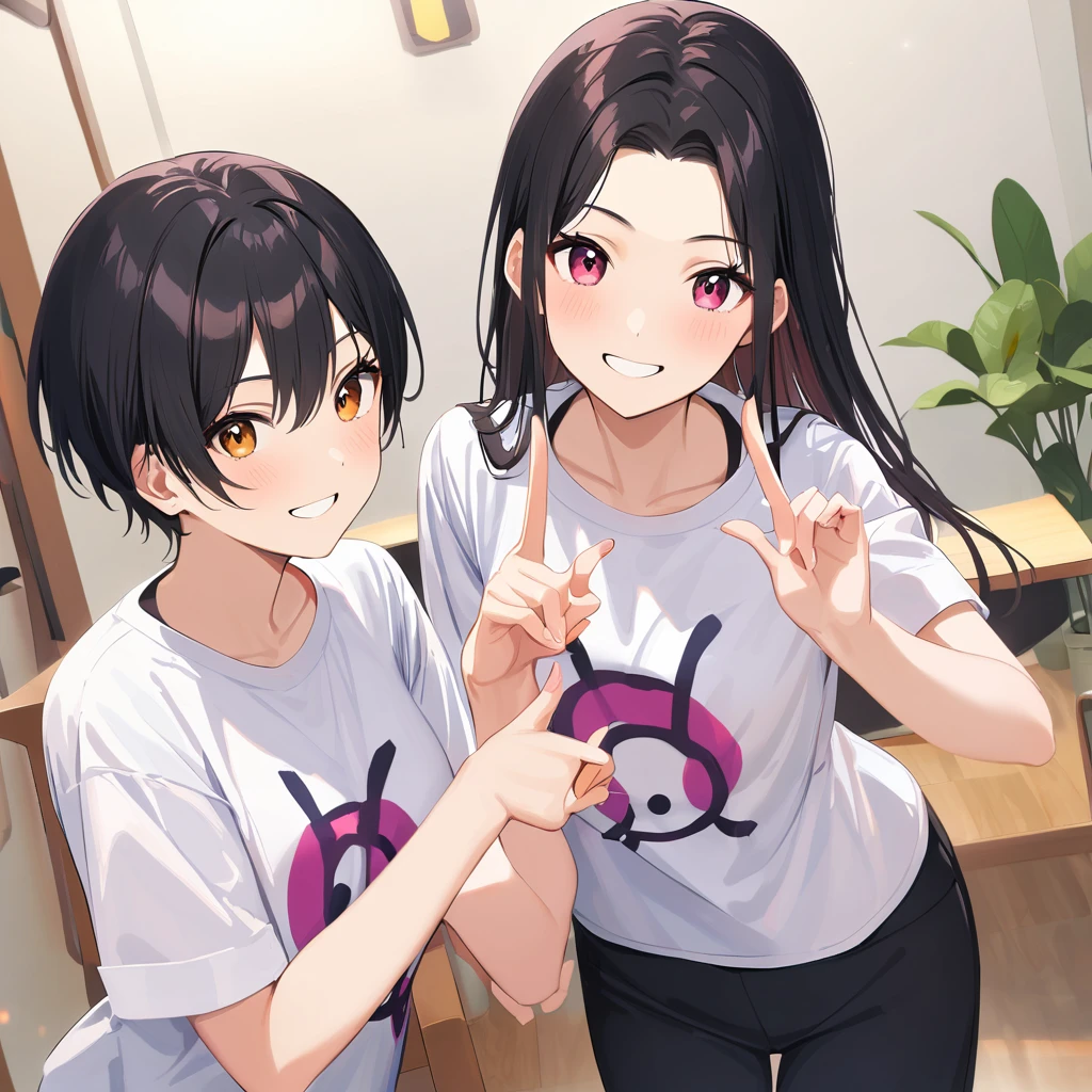 A confident smile, Two students demonstrating a gesture commonly associated with a peace sign while speaking by, slacks, Black Hair, indoor, in, skirt, shirt, ((((complete fiine fingers))))
