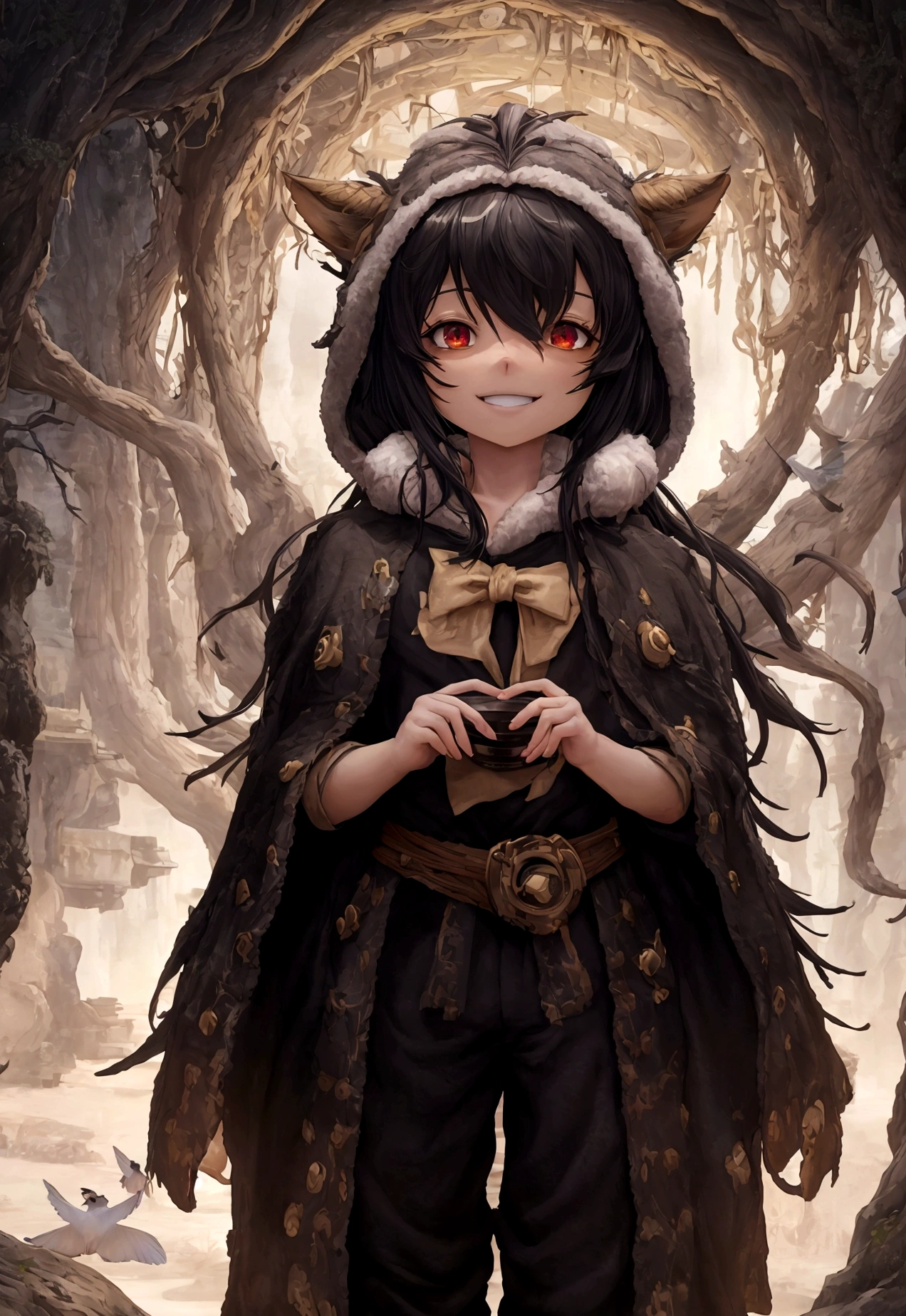 1 Male\(Made in Abyss,youth,aldult,20th Generation,beautiful,Furry,Robe,Bird Head Hood,Black Hair,wide,Loose pants,smile\),Bust,beautiful nature, From a distance it looks strange and chaotic..,Anime Style,Painting from the chest up, break ,quality\(8K,wallpaper of extremely deコーラed CG unit, masterpiece,High resolution,top-quality,top-quality real texture skin,Surreal,Increase the resolution,RAW Photos,la mejor quality,highly ,wallpaper,Cinema Lighting,Ray-tracing,Golden Ratio\),