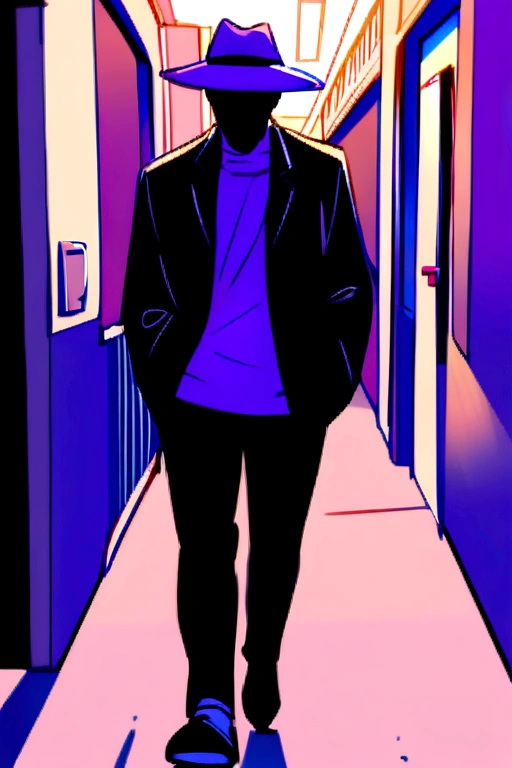 There's a boy standing happy while walking in the side walk, wearing bright purple hat and bright purple clothes