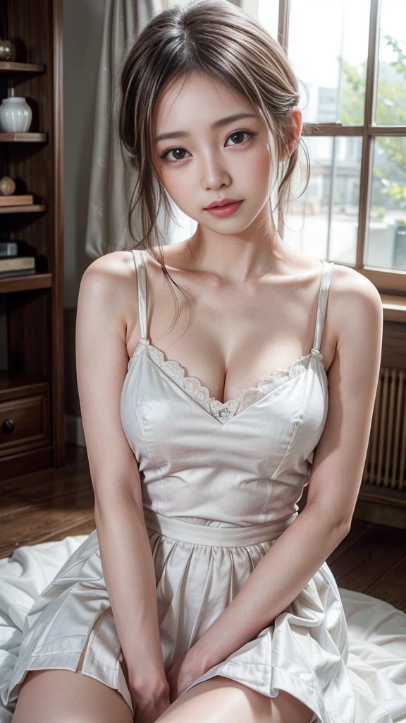a beautiful young girl Emma Watson in sexy pinafore, large breasts, detailed face, intricate lace patterns, warm lighting, photorealistic, dramatic lighting, chiaroscuro, cinematic composition, high quality, 8k, masterpiece