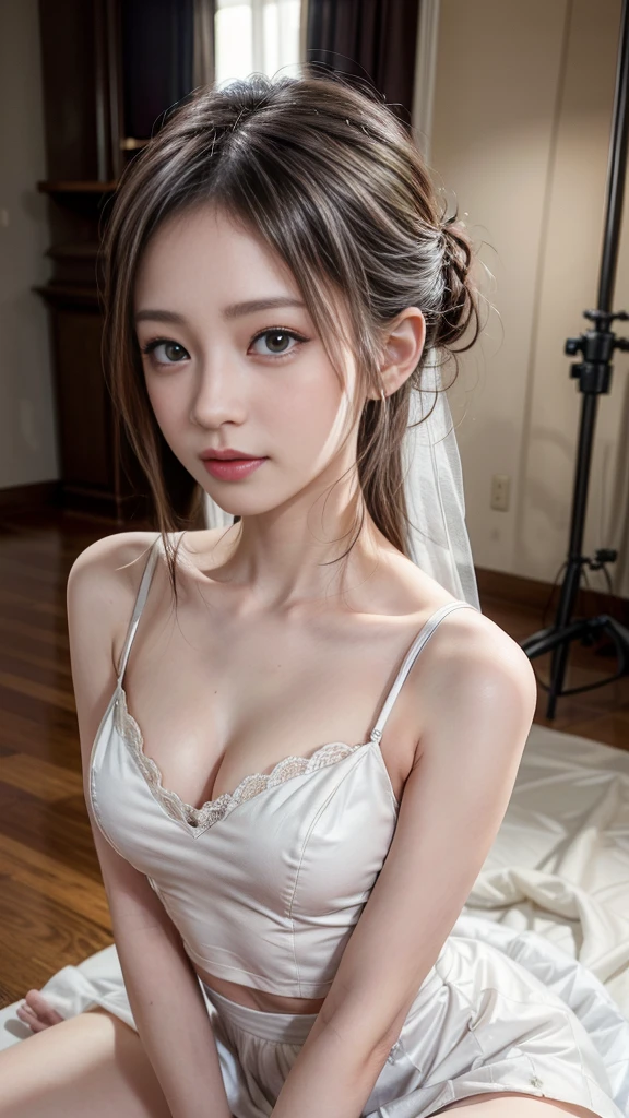 (Sweat:0.7), ((pale yellow wedding dress:1.2, White short skirt)), (beautiful girl, :1.4), Short Hair, Japanese, (Beautiful breasts), Beautiful Face, Bare shoulders, The shoulders are slightly exposed, (Alluring thighs), Clear skin, Iris, Beautiful black hair, (Realistic:1.4), Realistic details, (Highest quality, RAW Photos, 8K, masterpiece:1.2), Bokeh, Excellent details, (Detailed eyes and face:1.2, Professional photography techniques, Cinema Lighting), (Gaze at the viewer, blush, Lust:1.2)