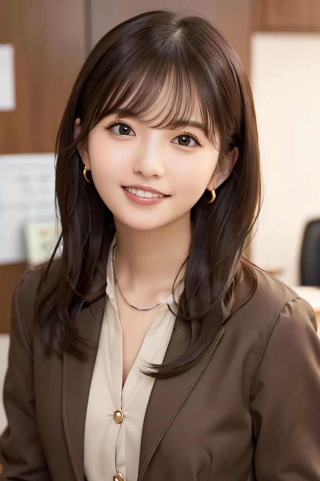 Beautiful young woman、 brown hair、Necklace around the neck、Office Lady Suits、Jacket、Unbuttoned shirt、smile、Beautiful teeth alignment、Wavy Hair、short hair、Intricate details, Very detailed:1.2), 、 Looking into the camera,The background is the office、Necklace around the neck、Dark eyeliner、ear piercing