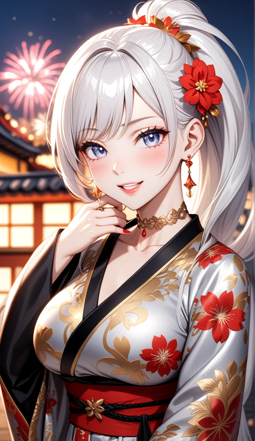 ((one personの女性)), Beautiful Face, (Laughing embarrassedly), (laugh:1.2),((wink:1.9)), (head tilt:1.3), Laugh with your mouth wide open, upper teeth, ((Bright red cheeks:1.4)),Shiny red lips,rooftop, firework, Glossy red lips, (spot light), ((Anime style background)),masterpiece, Highest quality, so beautiful,up to date, complex details, (Pink long nails),(ring),(bracelet),(Floral choker),AI-generated, complex,High resolution, Highest quality, super high quality,3D Images、3D Images,one person,Long white hair,High Ponytail, Anime woman posing for a photo,(blue eyes), ((Fine grain、Silvery white colorful eyes、Shining Eyes:1.3)), (Squint your eyes:1.1),a hyperRealistic , hyperRealistic , Realistic,Anime woman with long white hair, Smooth anime CG art, A woman in a colorful kimono with gold embroidery, (Black long sleeve kimono),Red floral pattern,Long flower hair ornament,Earrings,Mature Body,(Big Breasts:1.1),Tall,Abdominal muscles,Tight waist,(Zoom up to face:1.4), (front view),