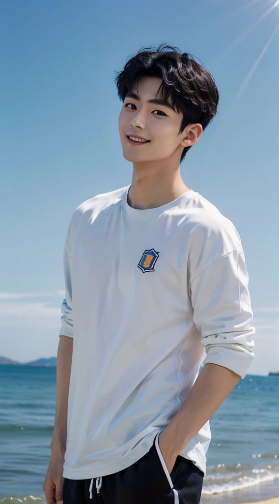 (As a matter of fact, Masterpiece, 8k HD, good light quality, sportswear, fit the face, complicated details), Handsome Korean young man, 20 years old, be happy, smile brightly, detailed face, delicate eyes, มองดูsky, Wear casual clothes, period, black eyes, Black hair color, ผมsmooth, smooth, outdoor sports, By the sea, Sunny,sky,Surreal,Awesome details,Highest quality,real,