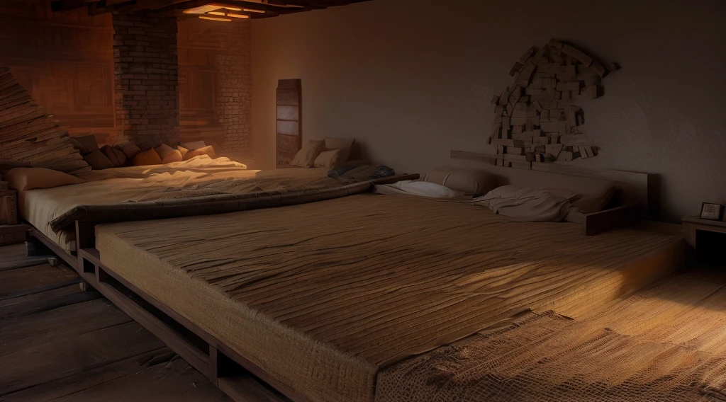 The bed is made of bamboo,The walls of the room are brick, Interior Wood, Brood diffusion, Warm wood, Fiber test on floor, Liang, Dusty volumetric lighting, Volumetric dust rays, Clay material, hammerhead shark, Detailed textures and lighting, Timber yard renderings, photo, Establishing the shot