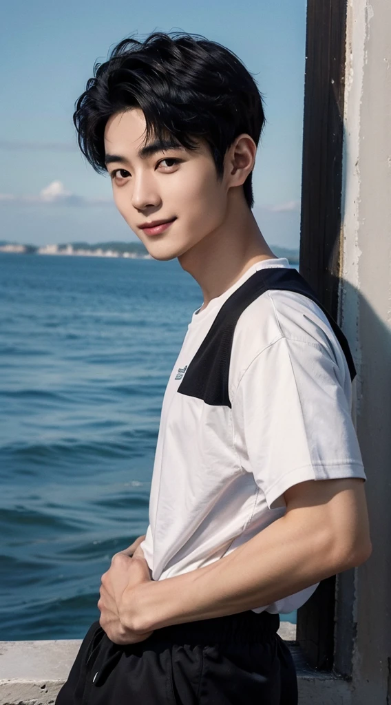 (As a matter of fact, Masterpiece, 8k HD, good light quality, sportswear, fit the face, complicated details), Handsome Korean young man, 20 years old, be happy, smile brightly, detailed face, delicate eyes, มองดูsky, Wear casual clothes, period, black eyes, Black hair color, ผมsmooth, smooth, outdoor sports, By the sea, Sunny,sky，Surreal，Awesome details，Highest quality，real，