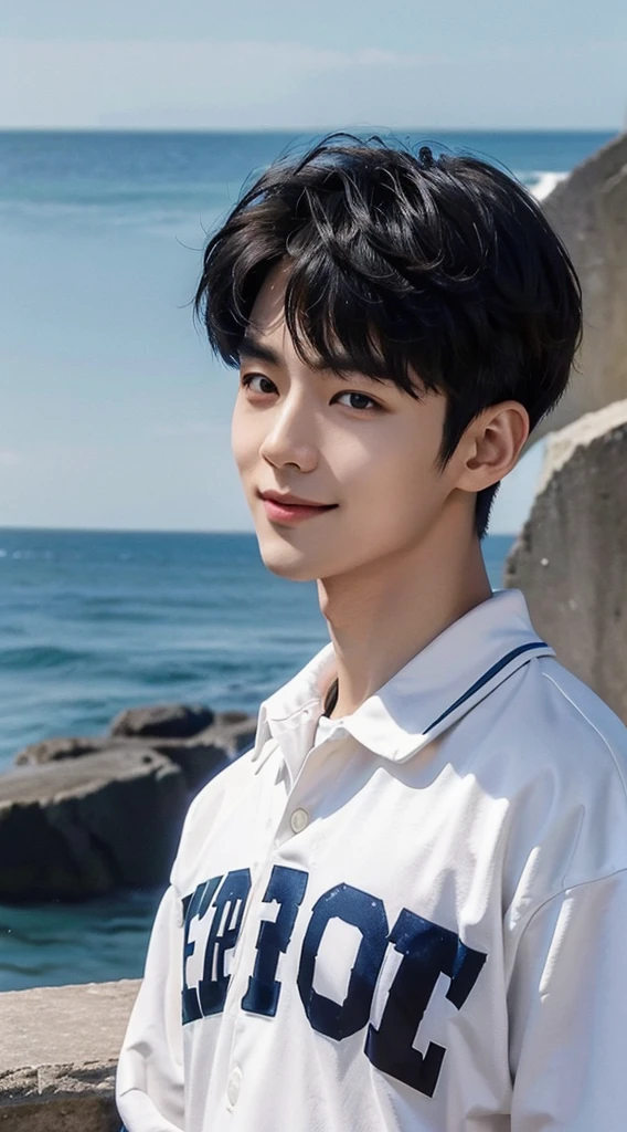 (As a matter of fact, Masterpiece, 8k HD, good light quality, sportswear, fit the face, complicated details), Handsome Korean young man, 20 years old, be happy, smile brightly, detailed face, delicate eyes, มองดูsky, Wear casual clothes, period, black eyes, Black hair color, ผมsmooth, smooth, outdoor sports, By the sea, Sunny,sky，Surreal，Awesome details，Highest quality，real，