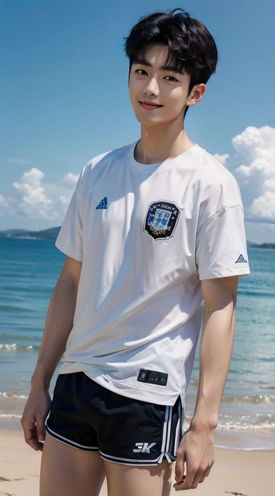 (As a matter of fact, Masterpiece, 8k HD, good light quality, sportswear, fit the face, complicated details), Handsome Korean young man, 20 years old, be happy, smile brightly, detailed face, delicate eyes, มองดูsky, Wear casual clothes, period, black eyes, Black hair color, ผมsmooth, smooth, outdoor sports, By the sea, Sunny,sky,Surreal,Awesome details,Highest quality,real,
