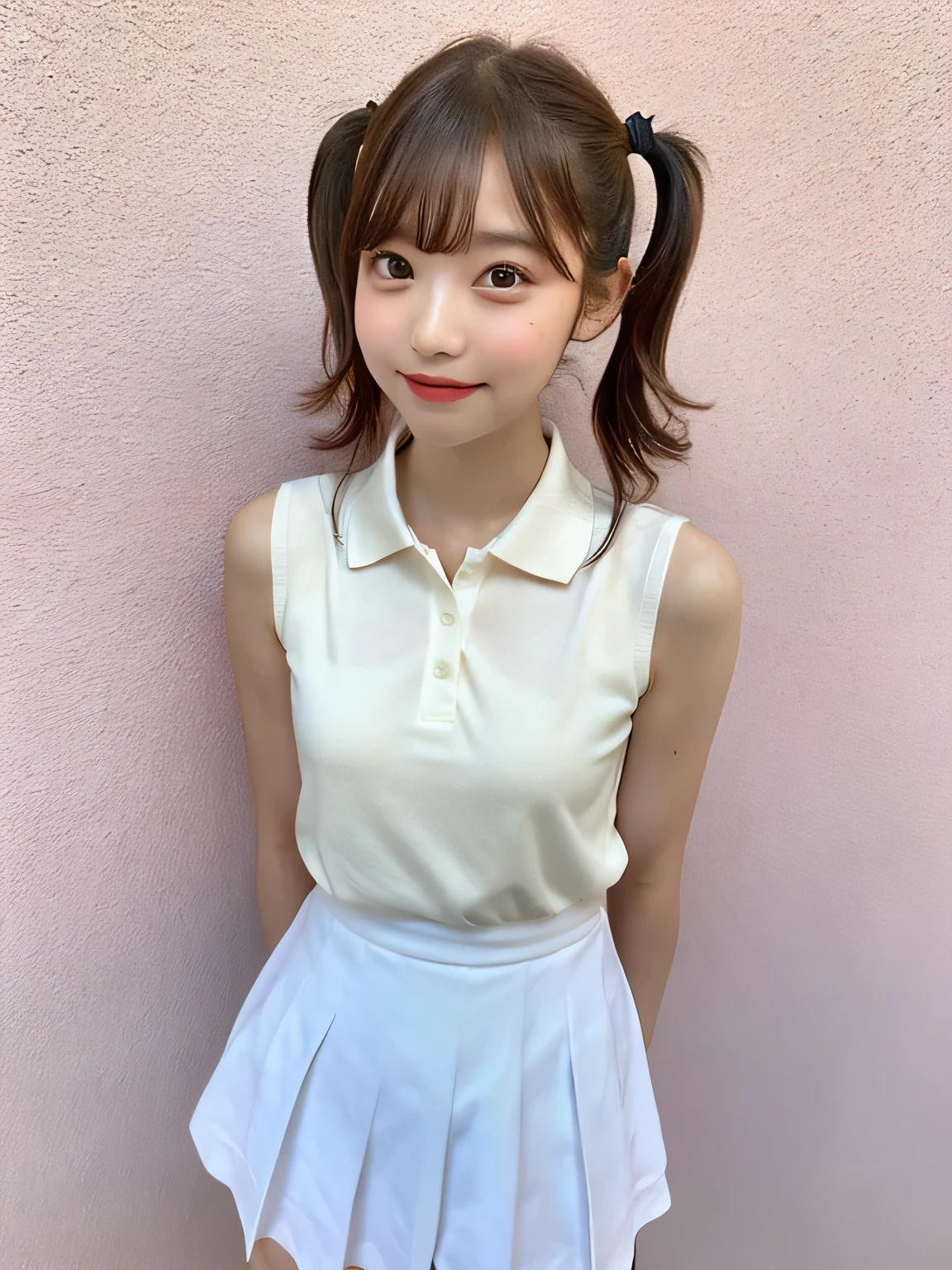 One person、、Full body photo,slender、woman、White drool coming out of the mouth、smile、、Twin tails、 Fair skin, messy hair, super cute、Soft and Face、8K resolution、Surreal、Ultra high definition、 A-cup small breasts((Highest resolution、8K、masterpiece:1.3))、Ultra-fine face、Ultra Fine Lips、Beautiful Eyes、double eyelid,Pink wall、Sleeveless red polo shirt、White Skirt、Thighs、thin,Thighsが見える、Shapely small breasts、sexy、So cute!