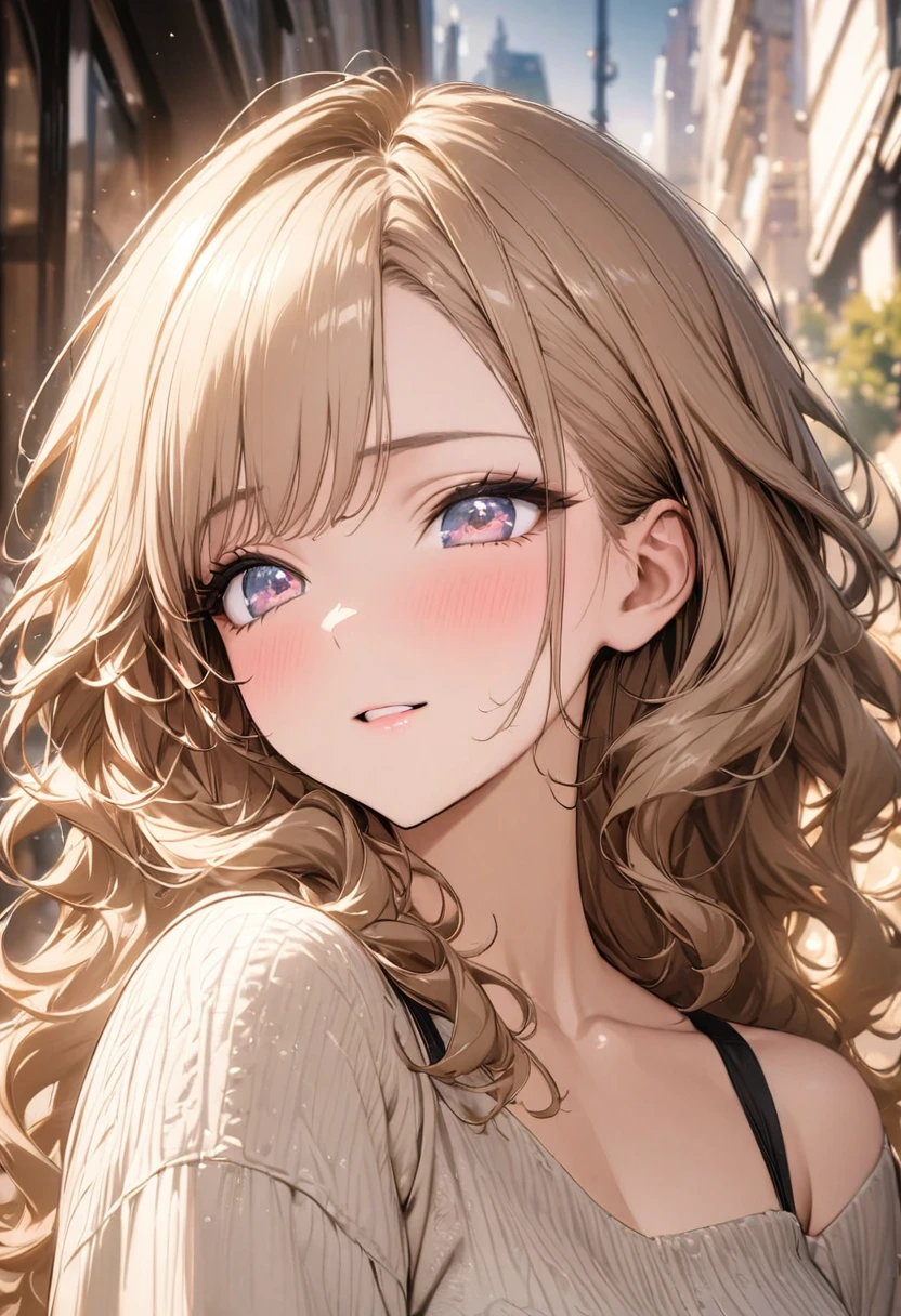 best quality, super fine, 16k, incredibly absurdres, extremely detailed, 2.5D, delicate and dynamic depiction, beautiful woman, amorous and lewd expression, light brown messy wavy hair, make-up, casual clothes, long skirt, sparkly fluffy effect, portraits, prime lenses, lens filters, clear subject