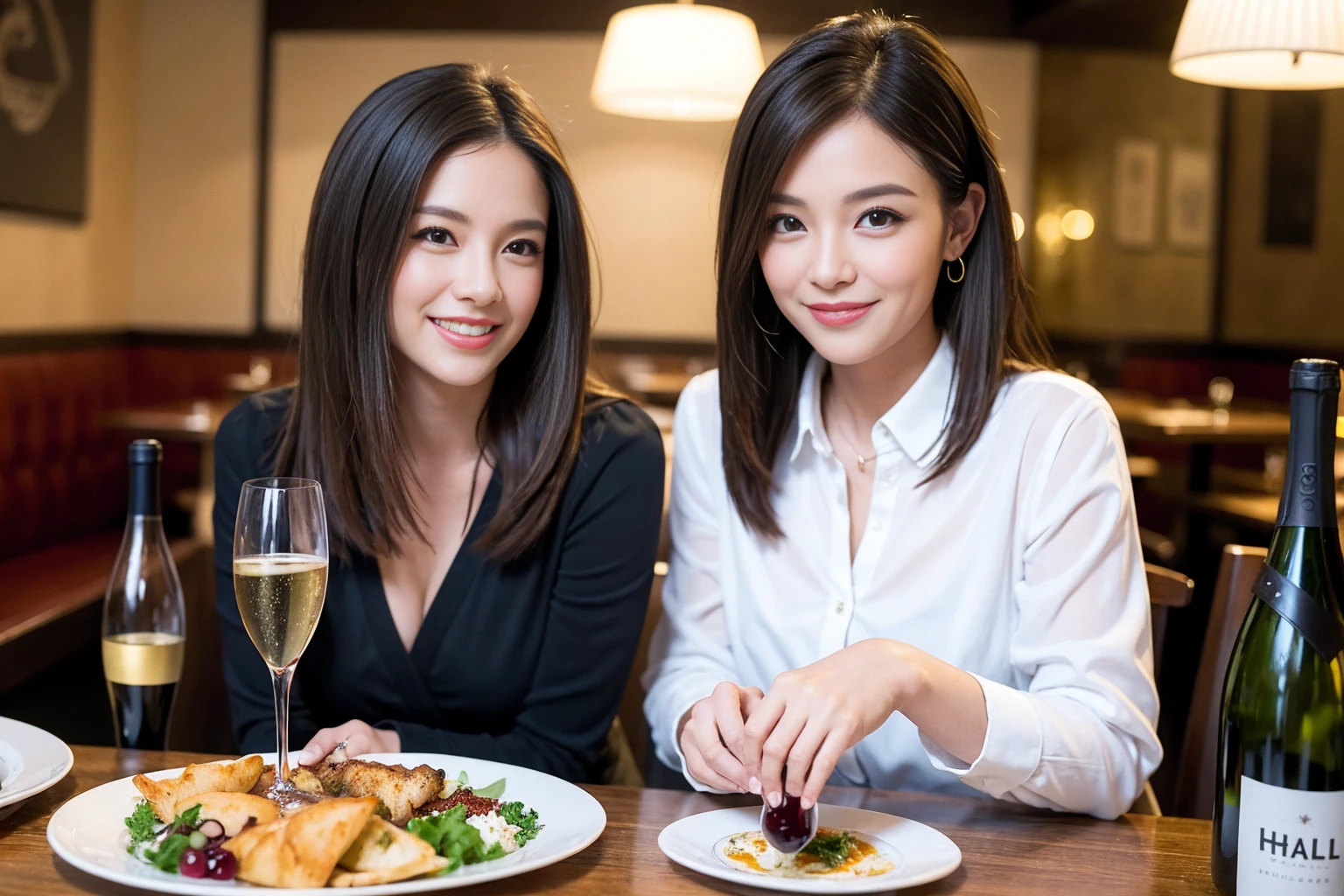 ((Highest quality、8K、masterpiece:1.3))、1 male、1 female、spouse、Beautiful couple、Smile、full-course dinner、 (Slim face), (the body is スリム), (Brown Hair), (Shortcuts), ((Bob Hale、Straight hair:1.2)), テーブルの上のwine glass、Shine light on your face、 Amazing view of the sunset sky and clouds、The beauty of a smile、Bright image、Blushing, Shortcuts, (Age 35), 39 years old, Appetizers、Italian food、Wine bottle、Champagne、sparkling wine、Long sleeve shirt、dress、Attractive beauty、restaurant, Nova Frog Style, actress, model, Upper Body, White wine, red wine, wine glass,