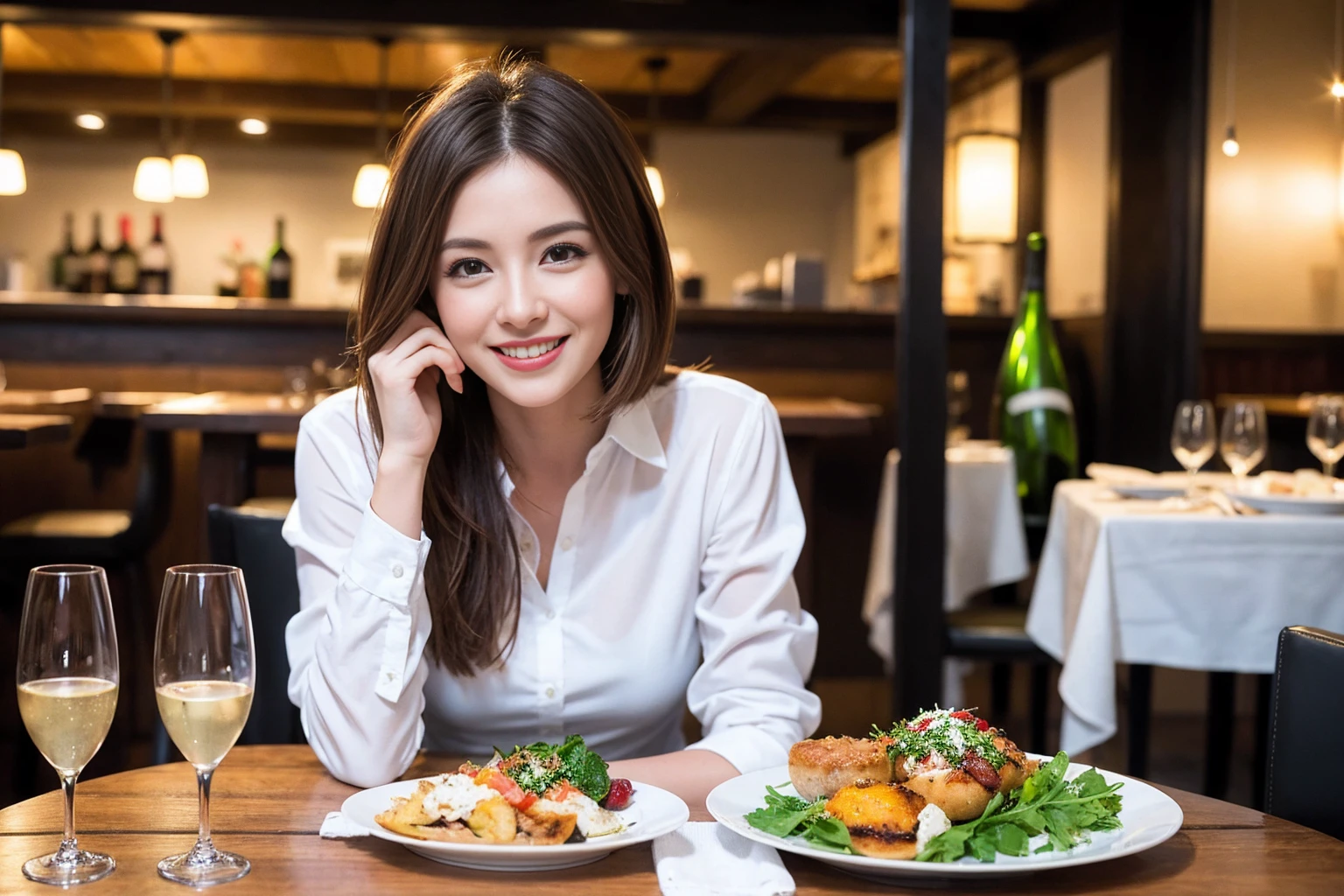((Highest quality、8K、masterpiece:1.3))、1 male、1 female、spouse、Beautiful couple、Smile、full-course dinner、 (Slim face), (the body is スリム), (Brown Hair), (Shortcuts), ((Bob Hale、Straight hair:1.2)), テーブルの上のwine glass、Shine light on your face、 Amazing view of the sunset sky and clouds、The beauty of a smile、Bright image、Blushing, Shortcuts, (Age 35), 39 years old, Appetizers、Italian food、Wine bottle、Champagne、sparkling wine、Long sleeve shirt、dress、Attractive beauty、restaurant, Nova Frog Style, actress, model, Upper Body, White wine, red wine, wine glass, 