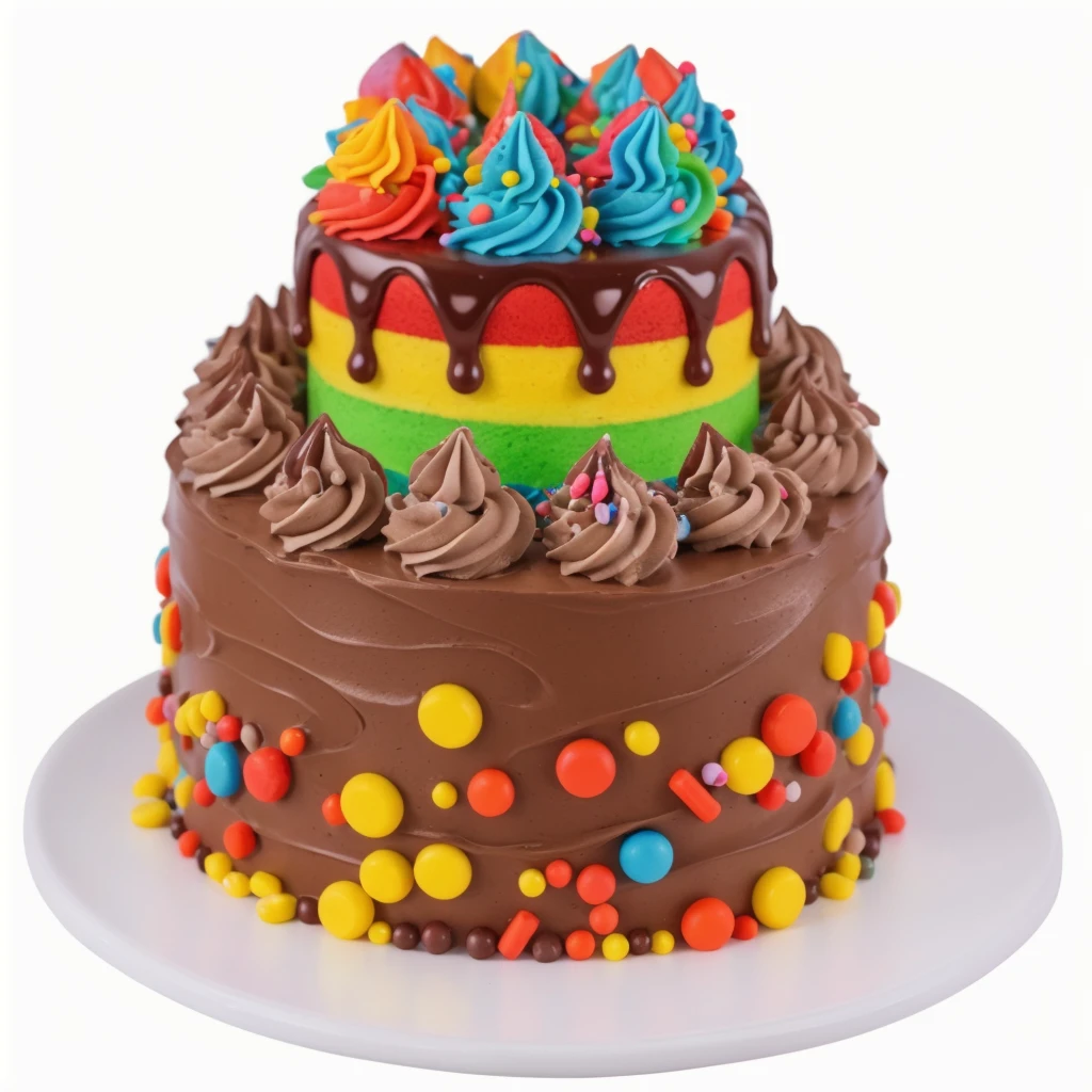 on the white background, on a porcelain plate, a chocolate two-layer cream cake, decorated with sprinkles on the bottom, chocolate cream swirls on the first layer, the second cream layer multi-colored, chocolate ganache on the second layer, multi-colored swirls with sprinkles on top, realistic texture, realistic style, detailed texture, high quality, high resolution, high quality rendering, realistic photo, brightning light, macro photo, ultra hd 4k
