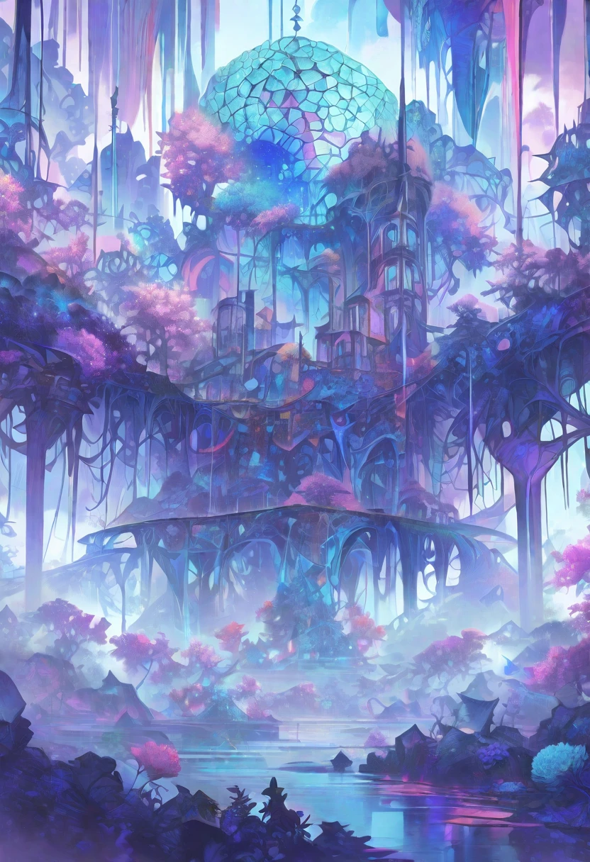 ((masterpiece)), (anime:1.3), ((Highest quality)), (Abstract art:1.5), (High resolution), (pale colour), Wide Shot, (Fractal structure:1.5), , landscape, (beautiful), (Biological atmosphere), deep sea, (pretty girl),  beautiful白い髪,  transparent　Glass　ice　mirror　Blue rose　water晶 透き通っている　water　Prism Photoreal　３DCG