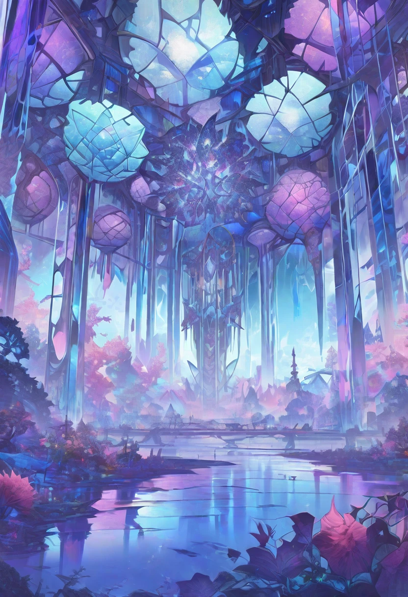 ((masterpiece)), (anime:1.3), ((Highest quality)), (Abstract art:1.5), (High resolution), (pale colour), Wide Shot, (Fractal structure:1.5), , landscape, (beautiful), (Biological atmosphere), deep sea, (pretty girl),  beautiful白い髪,  transparent　Glass　ice　mirror　Blue rose　water晶 透き通っている　water　Prism Photoreal　３DCG
