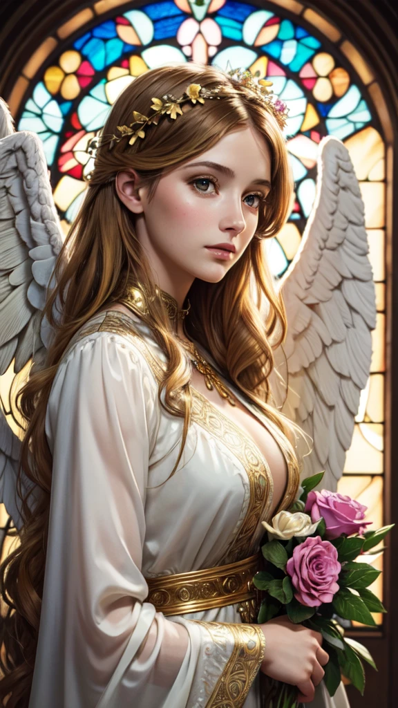 realistic,photorealistic,photo-realistic:1.37,best quality,4k,8k,highres,masterpiece:1.2,ultra-detailed,vibrant colors,stained glass,beautiful vintage angel woman,frontal face,front face,front view,gold hair,determined expression,(large open angel wings:1.1),Alphonse Mucha style,intricate floral background,warm tones,soft lighting,1girl