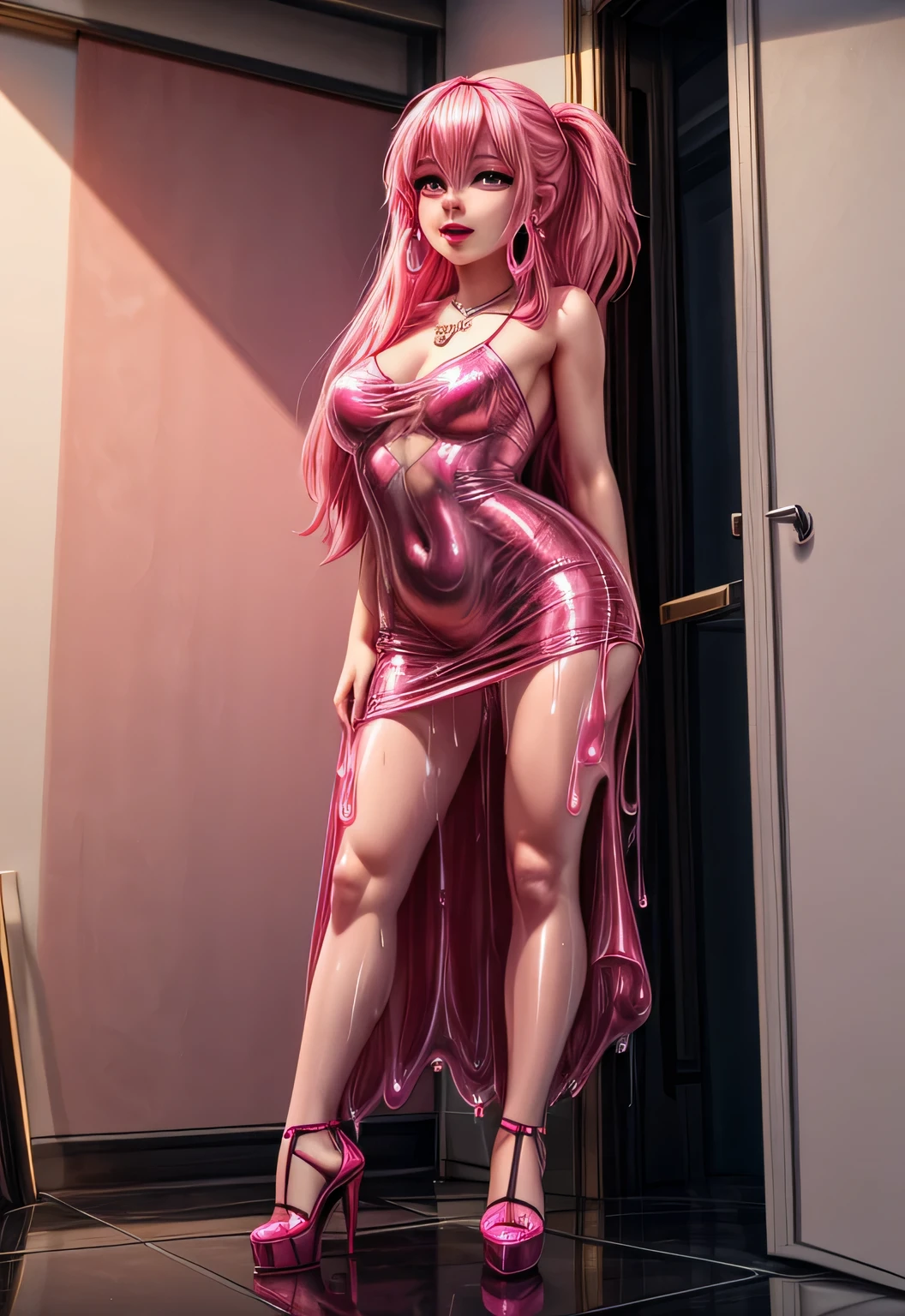 UHD 8k, HDR+, Slime woman with pink hair, pink Slime, pink slime body, body and bubblegum with a necklace, large piercing eyes, huge earrings, giant earrings, her long pink hair falls over her shoulders, humanoid pink squid girl, high heel shoe, shiny wet skin covered in pink flesh, dripping slime, wet and slippery, pink girl, slime girl, some pink, smooth pink skin, slimy and hot, slippery, Against the background of the Modern apartment, detailed background, realistic, 1girl, solo girl, 20 year old girl, ultra realistic face, hyperrealistic, hyperdetailed, (looking at viewers), sharpen, detailed face, detailed eyes, detailed lips, red lips, beautiful face, 16k, FHD, raw photo, cute face mesh, pretty face mesh, portrait shot 8 k