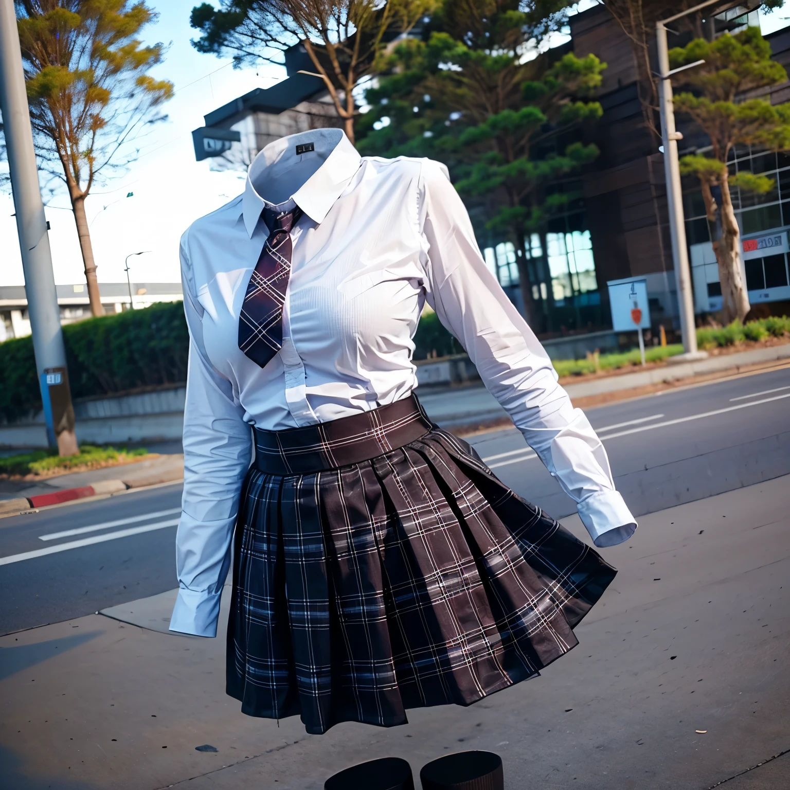 school blouse, stripe tie, plaid skirt, fat, cute big breasts, (invisible, no human, headless, handless:1.5)