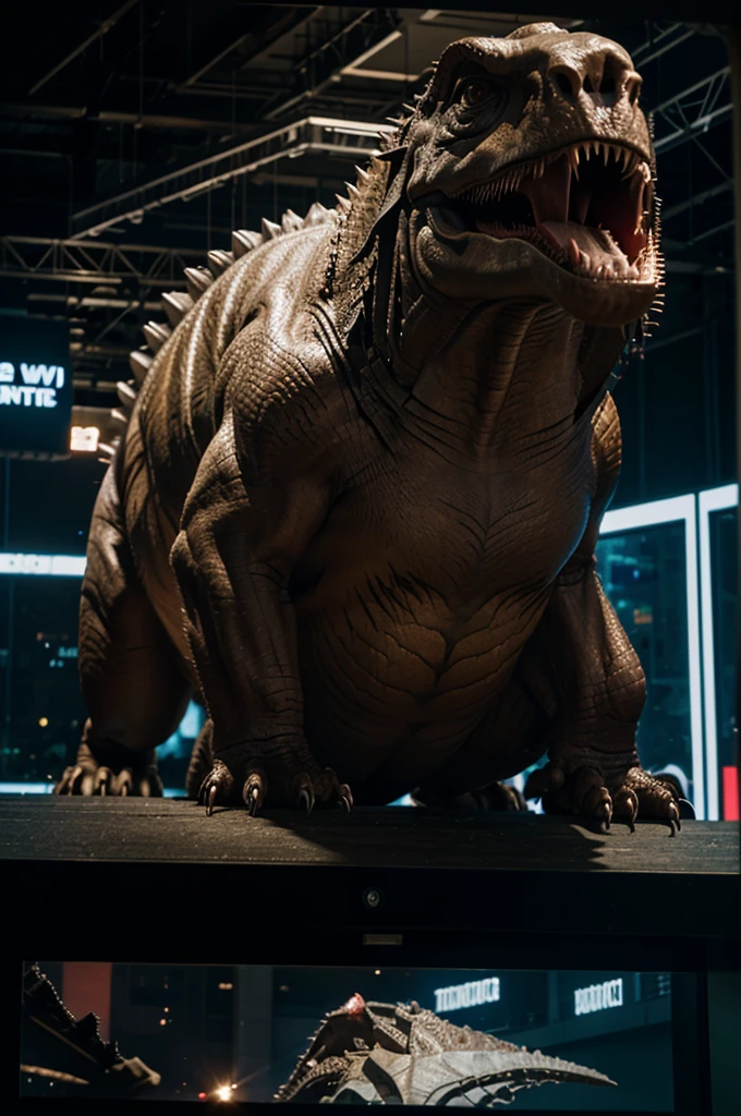 Tyrannosaurus Rex Appears at a Show Watching a Movie on a Screen at Night and Destroying What's There