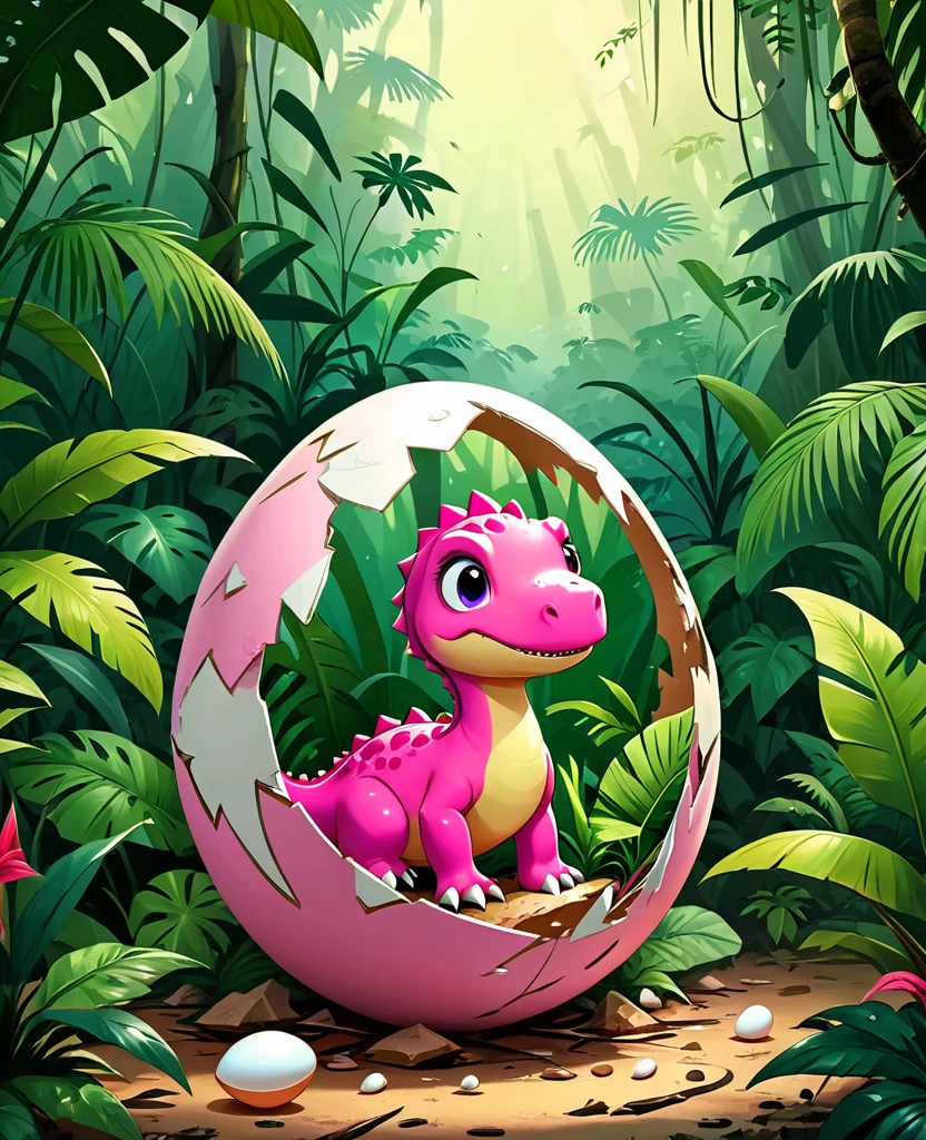 Interesting illustrations:Pink little dinosaur in a broken eggshell,Lovely,Rainforest background