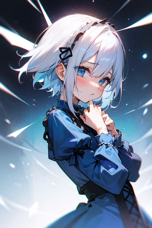 Short white hair, blush, Gothic Lolita、Punk Fashion、Headbang 2.、Blue clothes、