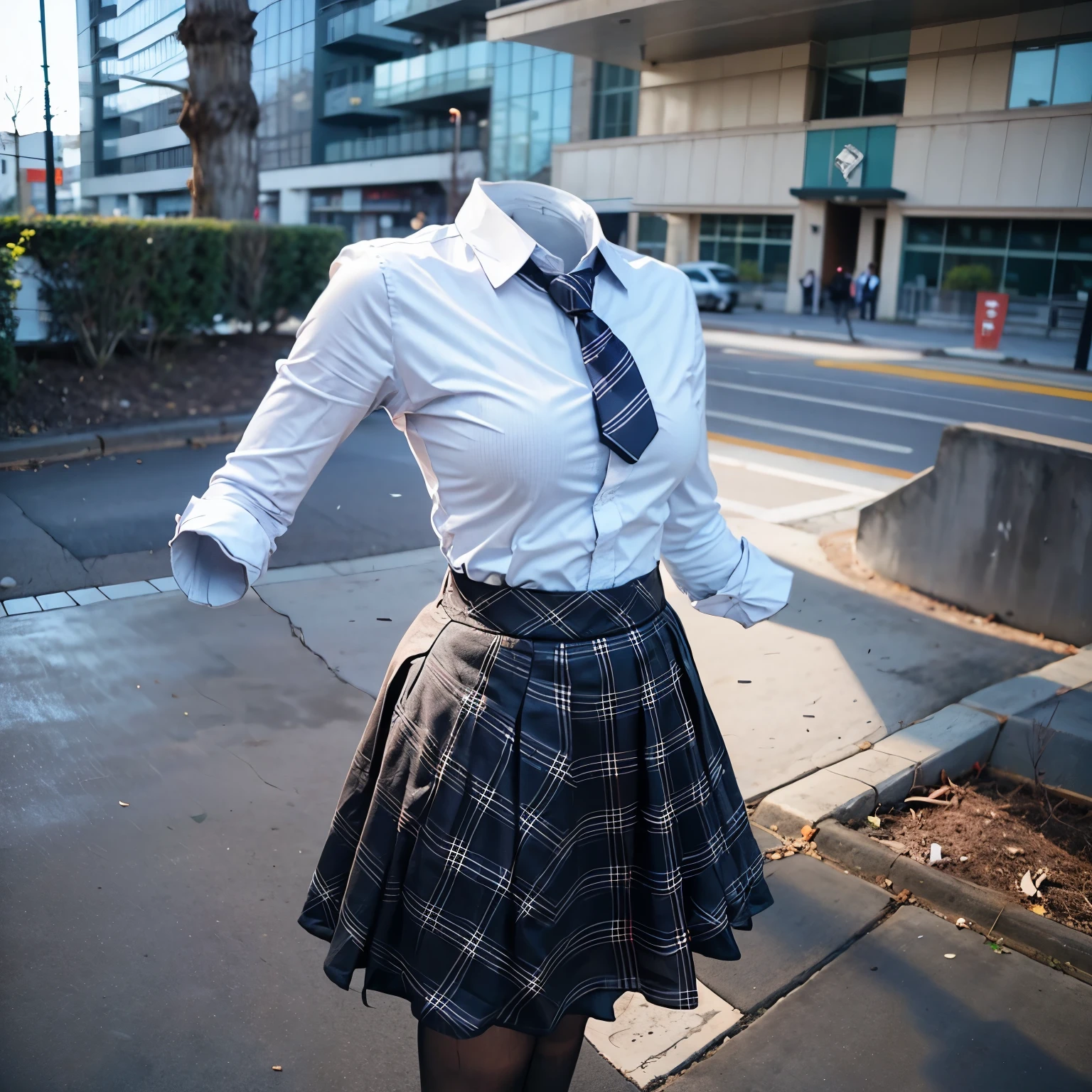 school blouse, stripe tie, plaid skirt, fat, cute big breasts, (invisible, no human, headless, handless:1.5)