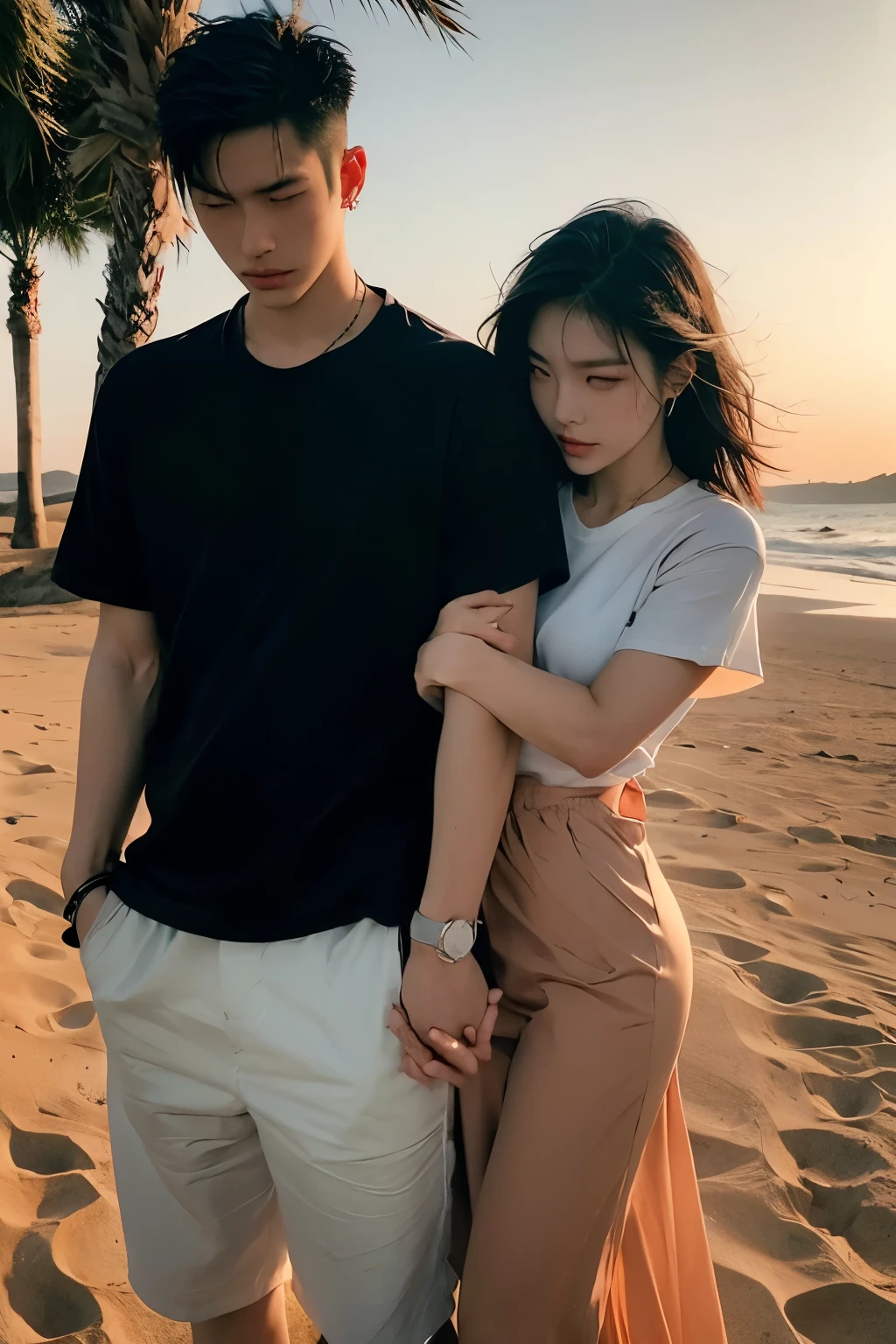 Photo Nostalgia couple of Korean lover, a Korean man with short two block hair, wearing flannel shirts and loose black t-shirts with puzzle text, long-haired Korean woman unraveled exposed to the wind wearing white canal clothes, standing on the sand, standing apart and holding hands, facing each other, strong wind gusts, background only wide desert, long sofa chair, dim light, high quality photos, accurate details, high resolution.