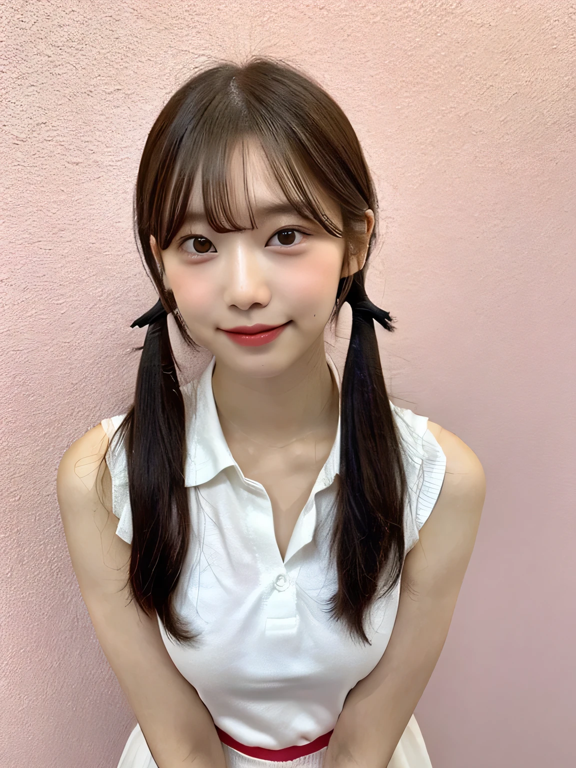One person、、Full body photo,slender、woman、White drool coming out of the mouth、smile、、Twin tails、 Fair skin, messy hair, super cute、Soft and Face、8K resolution、Surreal、Ultra high definition、 A-cup small breasts((Highest resolution、8K、masterpiece:1.3))、Ultra-fine face、Ultra Fine Lips、Beautiful Eyes、double eyelid,Pink wall、Sleeveless red polo shirt、White Skirt、Thighs、thin,Thighsが見える、Shapely small breasts、sexy、So cute!