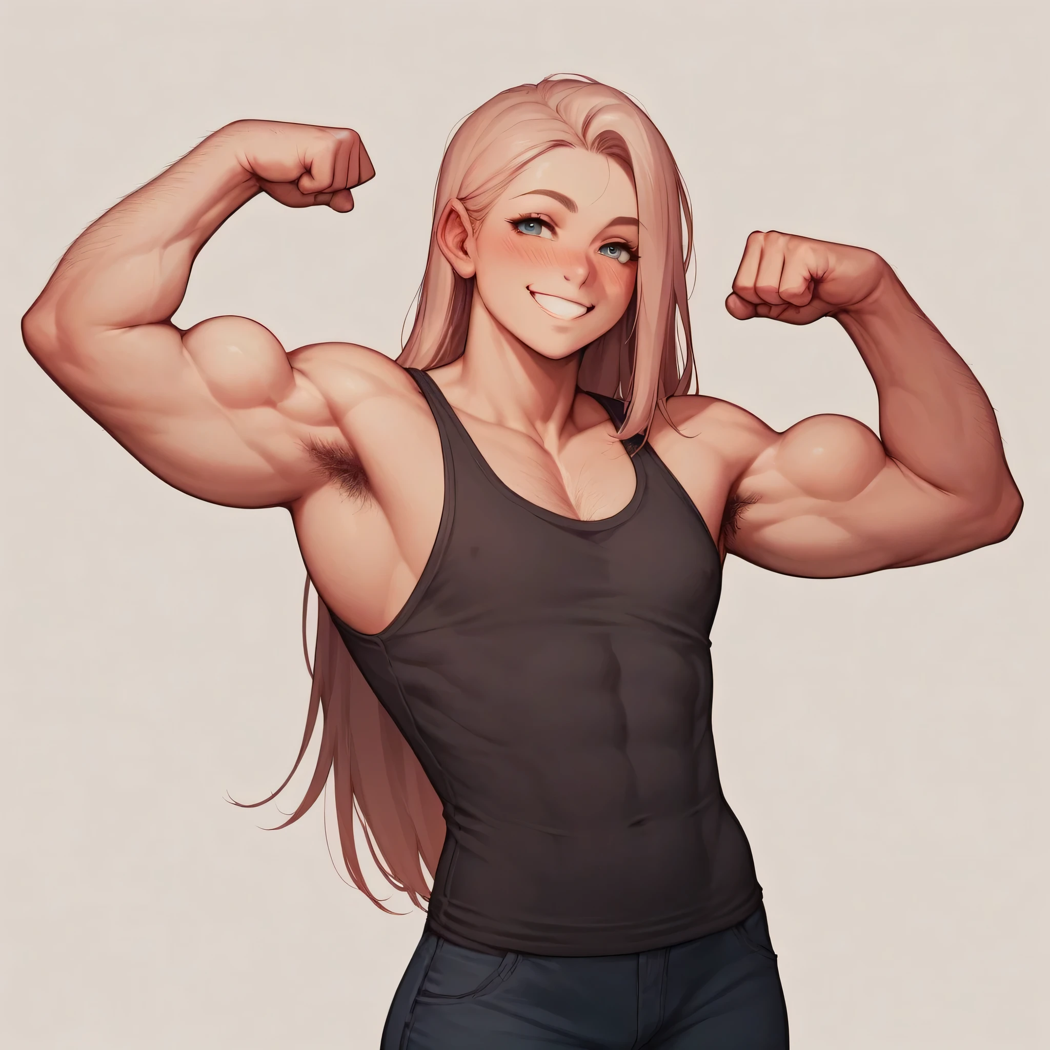 cute woman, skinny, muscular, feminine face, long hair, very detailed, smile, proud, blushing, flexing biceps, tight tank top, pec cleveage, hairy arms