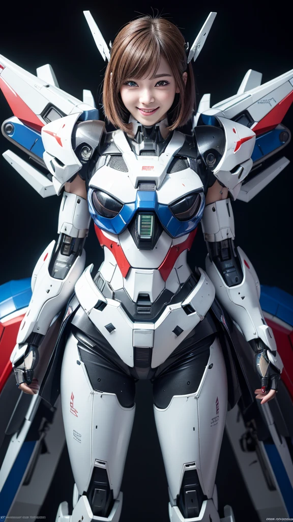 Textured skin, Super Detail, high details, High quality, Best Quality, hight resolution, 1080p, hard disk, Beautiful,(Gundam),Beautiful Smile,beautiful cyborg woman,Mecha Cyborg Girl,Battle Mode,Girl with a Mecha Body,She wears a futuristic Gundam mecha,Fulll body Shot
