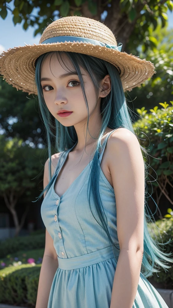 Blue haired anime girl in a straw hat and blue dress, artwork in the style of Gwaiz, Beautiful anime portraits, Gwaiz, Beautiful Anime Girls, beautiful Anime Style, Turquoise hair anime girl, Anime Style. 8K, In the art style of Bouwater, Beautiful digital illustrations, Beautiful character drawings, Stunning Anime Face Portraits
