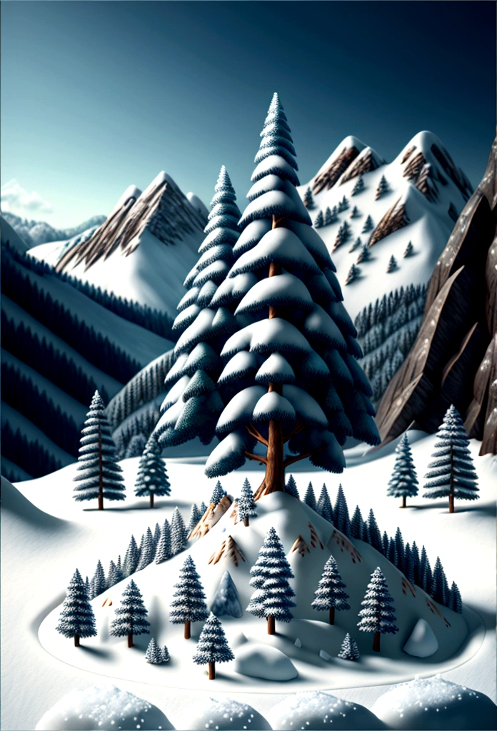 Mountain valley landscape, ((Pine trees at the foot of the mountain)), ((Snow on the top of the mountain)), Cinematic, 8K, detailed, Realistic, Octane Rendering, (((Intricate details)), High resolution, ((Intricate details, hyperdetailed)), photoRealistic, ultraRealistic, Realistic shadows, Realistic lighting