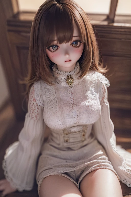 photorealistic, realistic photo, ((highest quality)), ((masterpiece)), (extremely detailed), kukolnydom, doll, (mature woman:1.6), solo, ((cowboy shot)), sitting on crate, green eyes, brown hair, parted lips, (looking down, blank eyes, empty eyes, detailed eyes:1.3), dress, warehouse, 8k