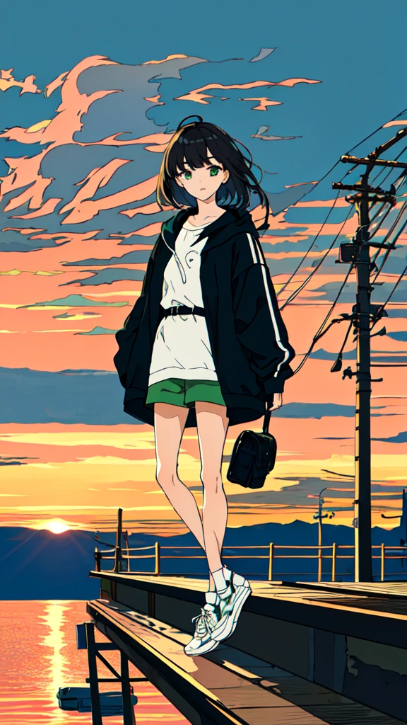 masterpiece, intricate details,highest quality, 1 girl, alone, handrail, cloud,outdoor, whale,Long shortcut,shoes, zero, long sleeve, sneakers, power line, White shoes, black hair, looking at the viewer, telephone pole, bangs, cloudy zero, fish, bird, green eyes, shorts, animal, Day, black shirt,Are standing,Sunset