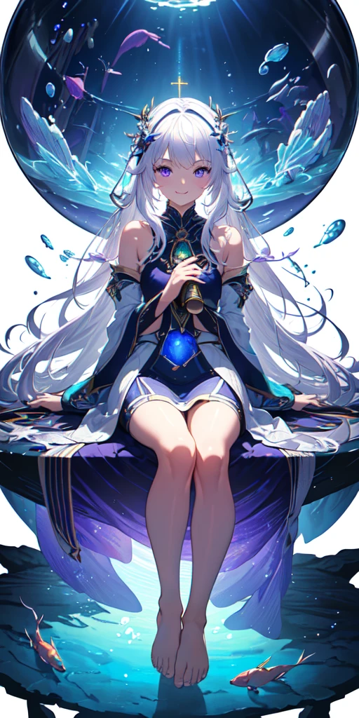[(Transparent background:1.5)::5],(((masterpiece))),(((best quality))),(((extremely detailed))),illustration, 1girl,solo,mysterious,vivid color,shiny, underwater transparent sealed hemispherical glass dome, (white hair),(purple eyes), full body,barefoot,long hair tranquil nature, koi,Underwater, Dome,close up,Dynamic actions,Lens perspective,(((Box composition))),sit cross-legged and lean against the bookshel, volumetric lighting, multi-color eyes, detailed eyes, hyper detailed,light smile, highly detailed, beautiful, small details, ultra detailed, best quality, intricate, 4k, 8k, trending on artstation, good anatomy, beautiful lighting, award-winning,