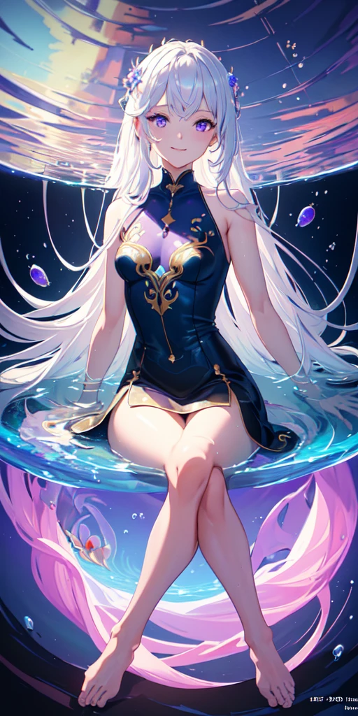 [(Transparent background:1.5)::5],(((masterpiece))),(((best quality))),(((extremely detailed))),illustration, 1girl,solo,mysterious,vivid color,shiny, underwater transparent sealed hemispherical glass dome, (white hair),(purple eyes), full body,barefoot,long hair tranquil nature, koi,Underwater, Dome,close up,Dynamic actions,Lens perspective,(((Box composition))),sit cross-legged and lean against the bookshel, volumetric lighting, multi-color eyes, detailed eyes, hyper detailed,light smile, highly detailed, beautiful, small details, ultra detailed, best quality, intricate, 4k, 8k, trending on artstation, good anatomy, beautiful lighting, award-winning,