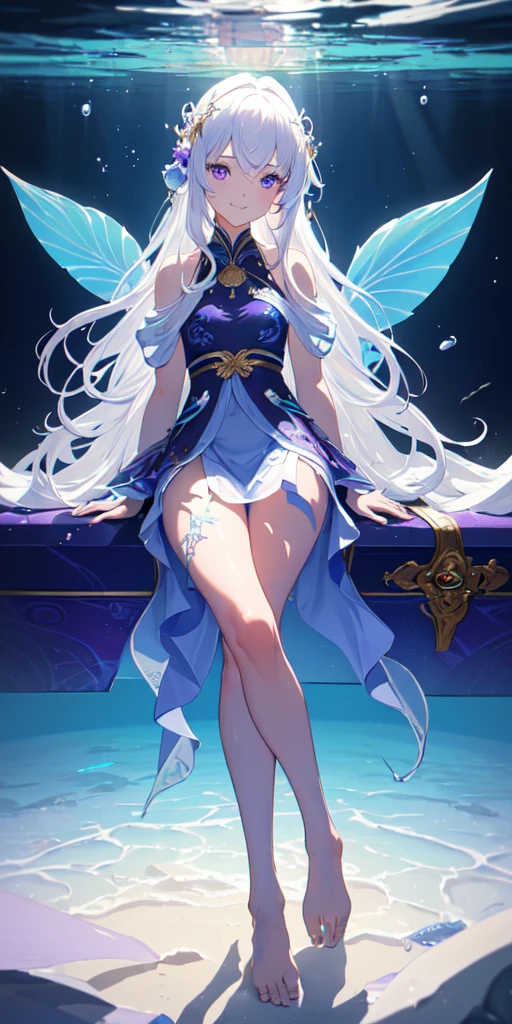[(Transparent background:1.5)::5],(((masterpiece))),(((best quality))),(((extremely detailed))),illustration, 1girl,solo,mysterious,vivid color,shiny, underwater transparent sealed hemispherical glass dome, (white hair),(purple eyes), full body,barefoot,long hair tranquil nature, koi,Underwater, Dome,close up,Dynamic actions,Lens perspective,(((Box composition))),sit cross-legged and lean against the bookshel, volumetric lighting, multi-color eyes, detailed eyes, hyper detailed,light smile, highly detailed, beautiful, small details, ultra detailed, best quality, intricate, 4k, 8k, trending on artstation, good anatomy, beautiful lighting, award-winning,