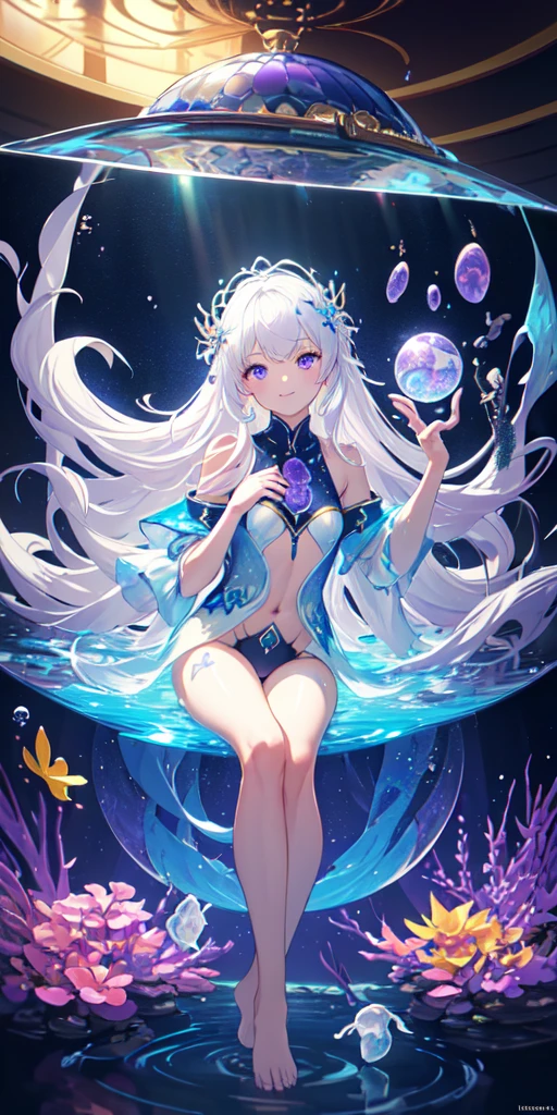 [(Transparent background:1.5)::5],(((masterpiece))),(((best quality))),(((extremely detailed))),illustration, 1girl,solo,mysterious,vivid color,shiny, underwater transparent sealed hemispherical glass dome, (white hair),(purple eyes), full body,barefoot,long hair tranquil nature, koi,Underwater, Dome,close up,Dynamic actions,Lens perspective,(((Box composition))),sit cross-legged and lean against the bookshel, volumetric lighting, multi-color eyes, detailed eyes, hyper detailed,light smile, highly detailed, beautiful, small details, ultra detailed, best quality, intricate, 4k, 8k, trending on artstation, good anatomy, beautiful lighting, award-winning,