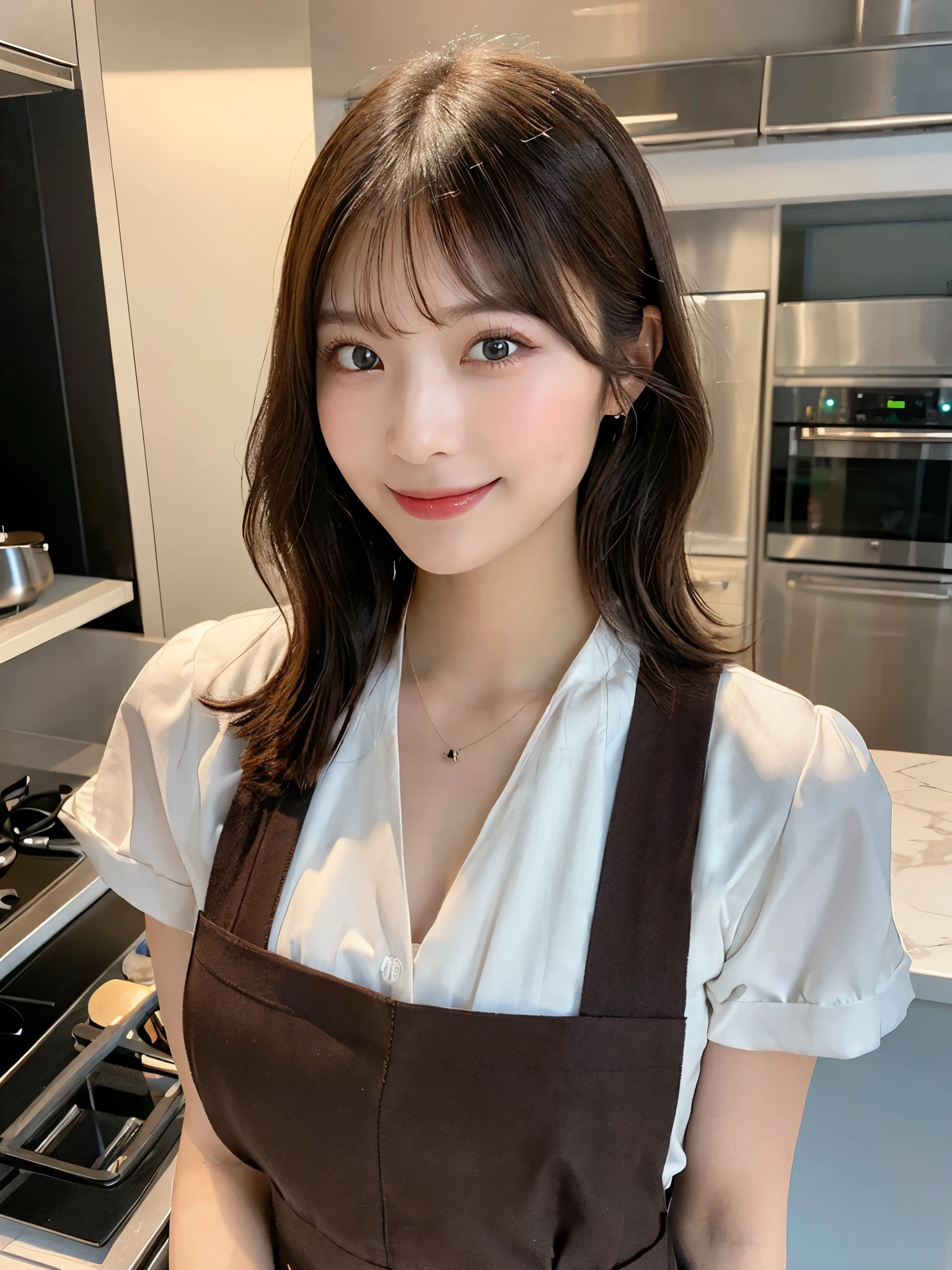 (Highest quality, 8K, masterpiece: 1.3), Beautiful woman with perfect figure: 1.4, Dark brown hair, Wearing a pendant, Wearing an apron, In the kitchen, Highly detailed face and skin, Fine grain, double eyelid, Big Breasts, smile