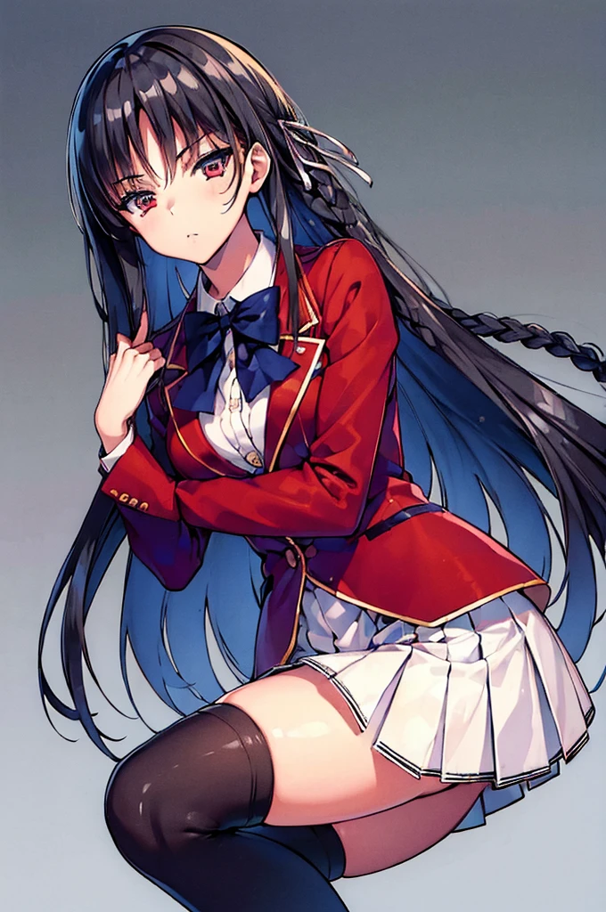 (masterpiece, best quality:1.5), (ultra detailed:1.4), super fine illustration, perfect ???????, 8k portrait,
1girl,
Suzune Horikita, 
Suzune Horikita \(youjitsu\),
long hair, braid, 
black hair, 
red eyes, slant eyes, small eyes, 
blue bow, 
medium breasts, 
red jacket, white skirt, pleated skirt, black thigh-high socks, 
looking at viewer, 
cowboy shot, 
perfect light, 