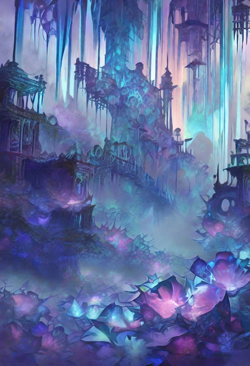 ((masterpiece)), (anime:1.3), ((Highest quality)), (Abstract art:1.5), (High resolution), (pale colour), Wide Shot, (Fractal structure:1.5), , landscape, (beautiful), (Biological atmosphere), deep sea, (pretty girl), beautiful白い髪, transparent Glass ice mirror Blue rose water晶 透き通っている water Prism Photoreal 3DCG