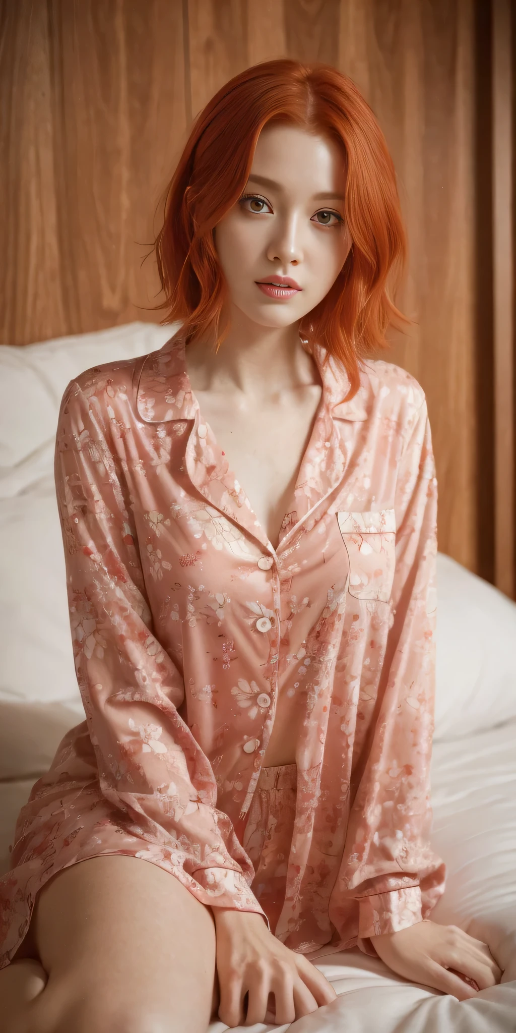 There is a woman sitting on a bed wearing a pink floral pajamas, red-haired girl, beautiful red-haired woman, red-haired woman, young red-haired girl, short bright red hair, red hair and attractive features, Anna Nikonova aka Newmilky, red-haired girl, redhead, beautiful woman, posing in bed, red head, with short red hair, posing in a room